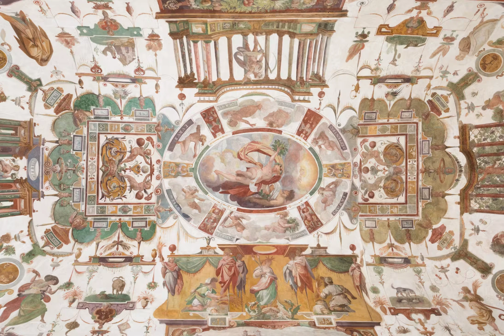 Painted Renaissance ceiling with grotesque decoration and personified winds