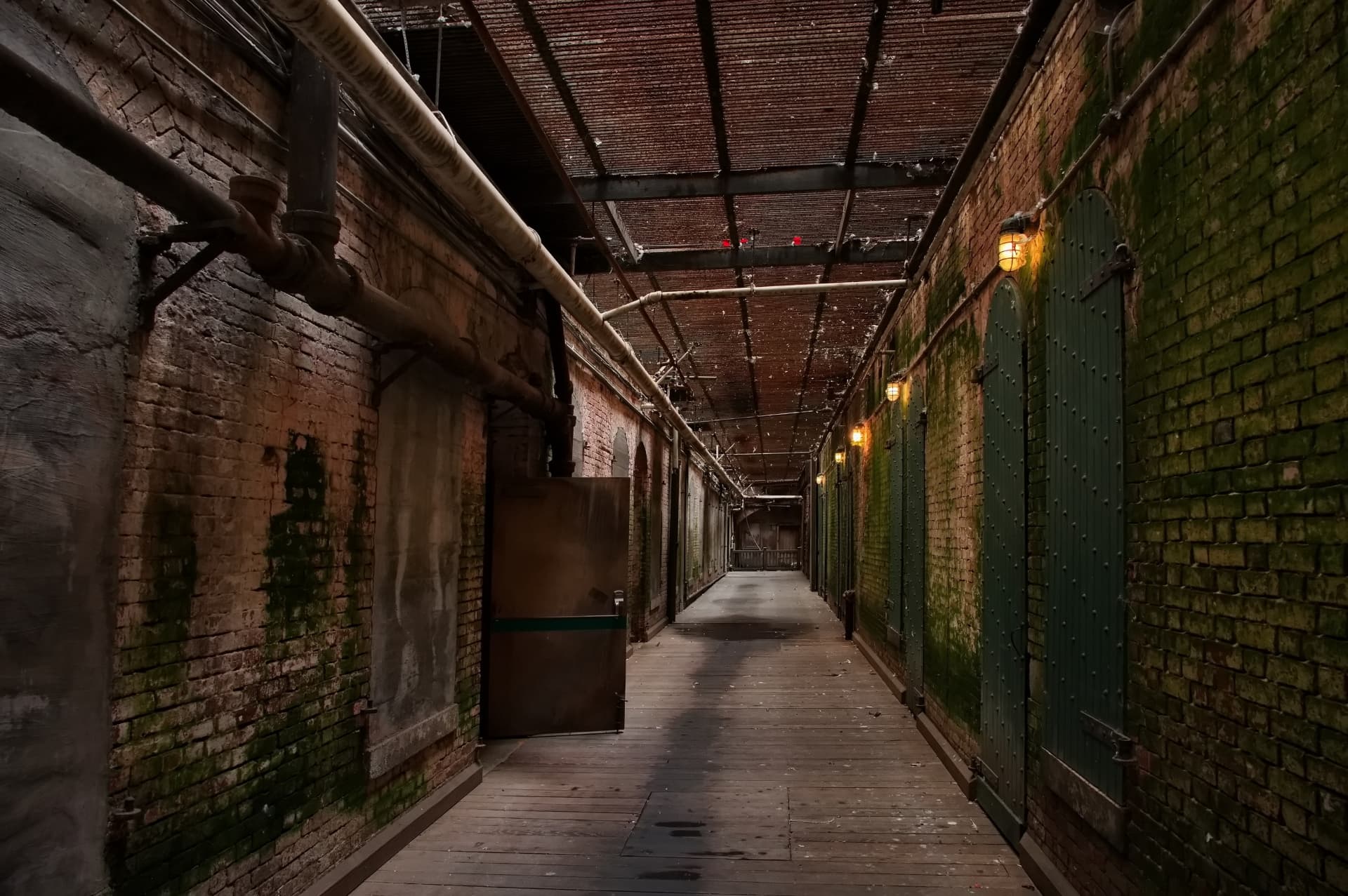 A dim utility corridor inside the Alcatraz cellhouse with riveted green steel doors, exposed pipes and moss-stained brick
