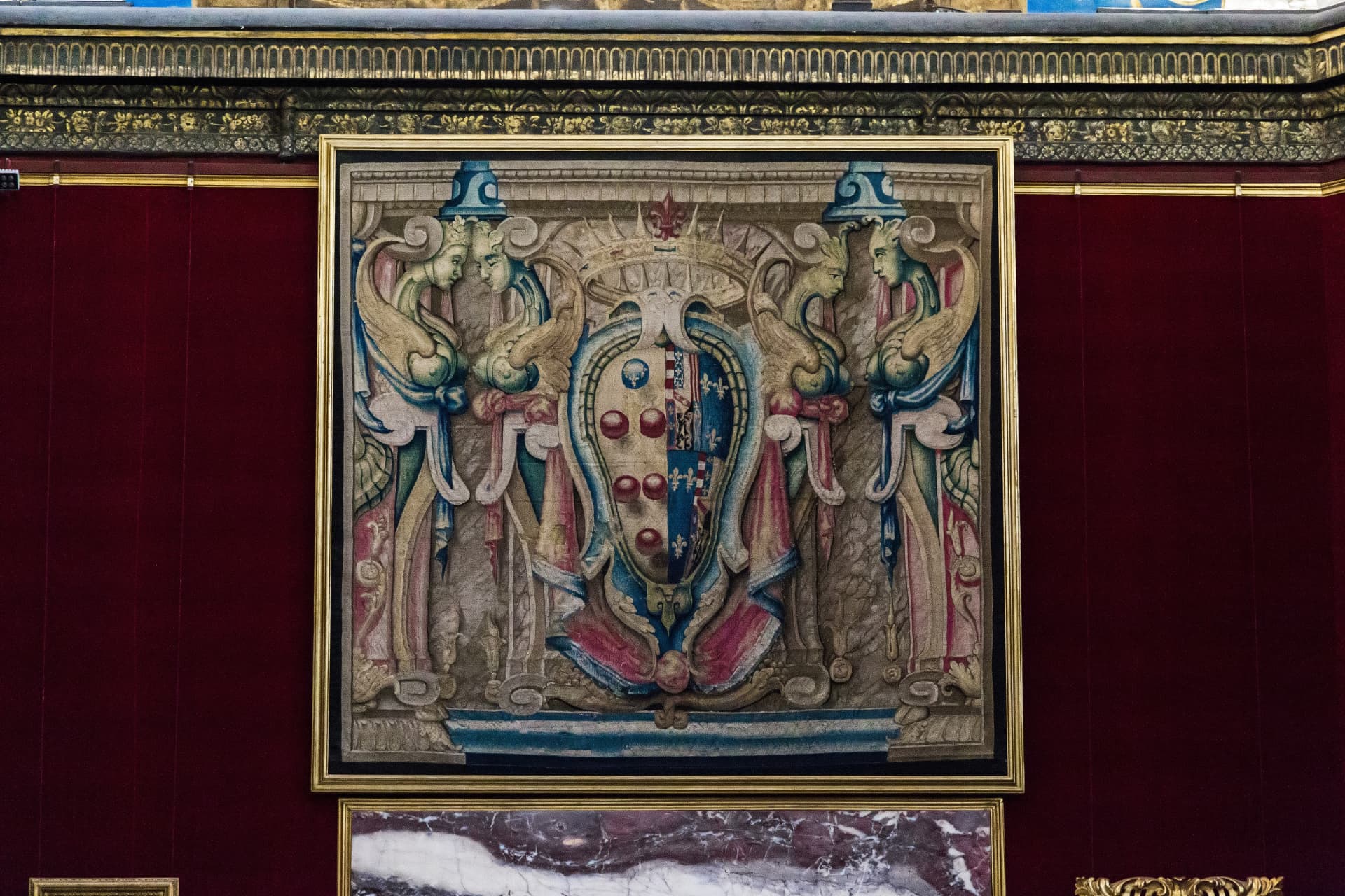 Framed heraldic tapestry with a Medici coat of arms displayed against a red wall