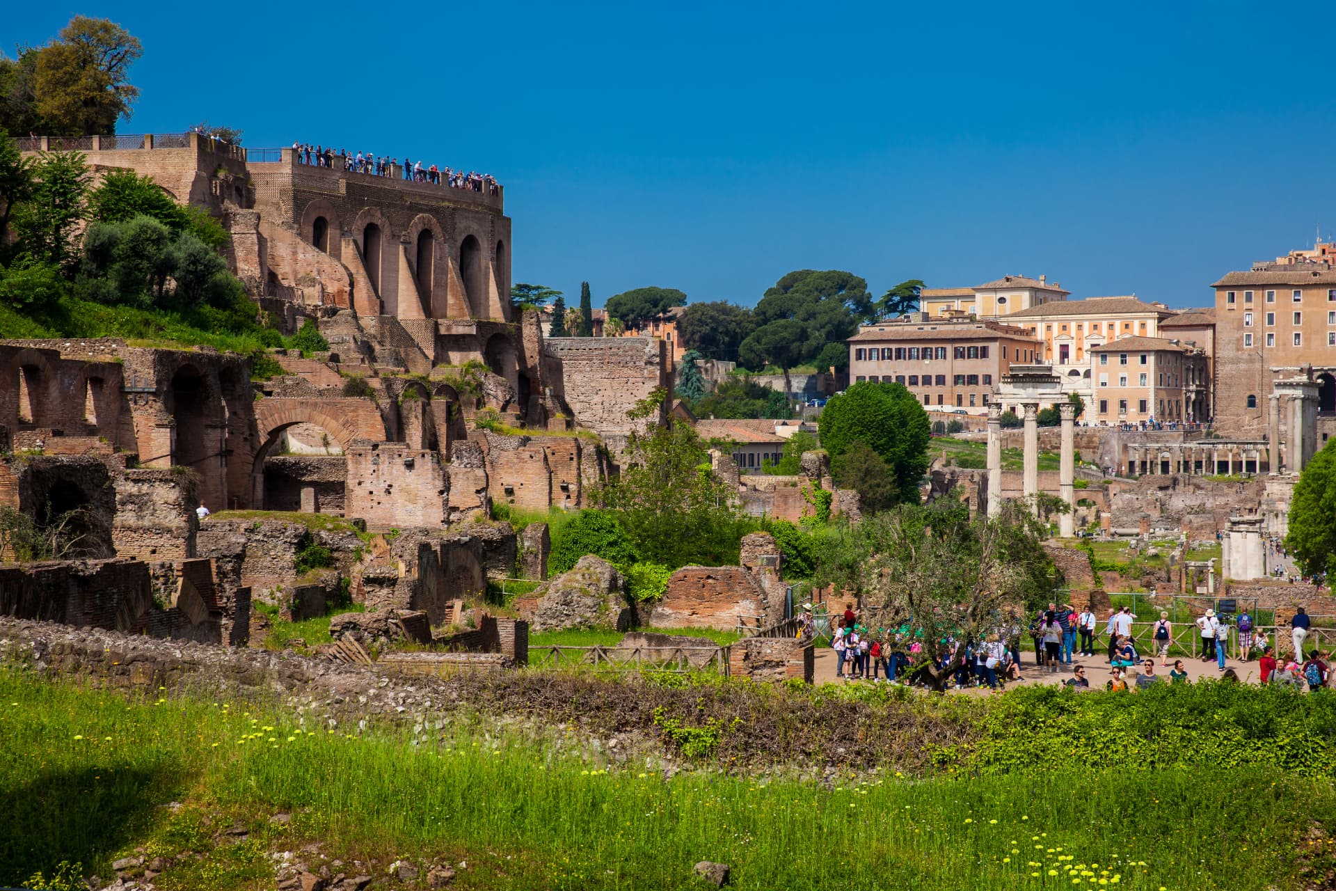 Domus Tiberiana arcades on the Palatine slope above the Roman Forum with the Temple of Castor and Pollux