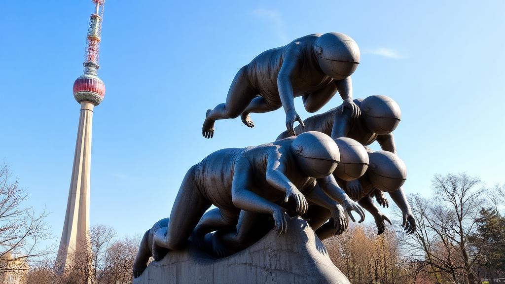 Žižkov TV Tower in Prague with David Černý's crawling baby statues in the foreground