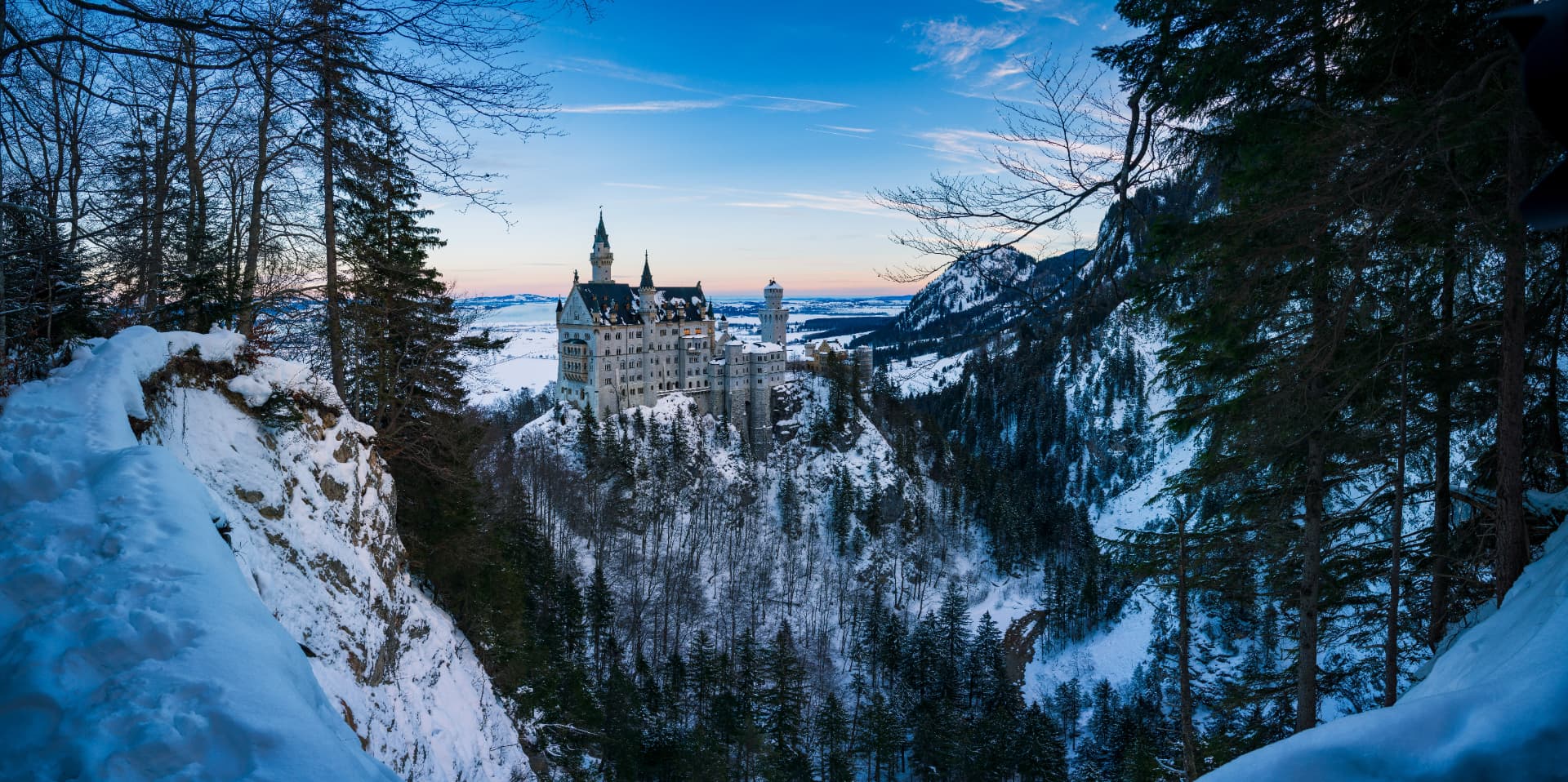 Neuschwanstein Castle in deep winter seen from a snowy forested slope above the valley at dusk