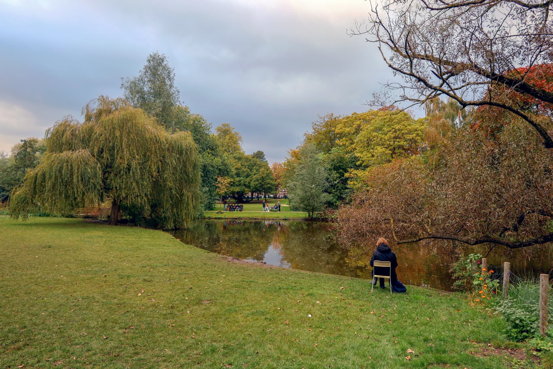 A visitor sitting by the pond under weeping willows in Sarphatipark, Amsterdam