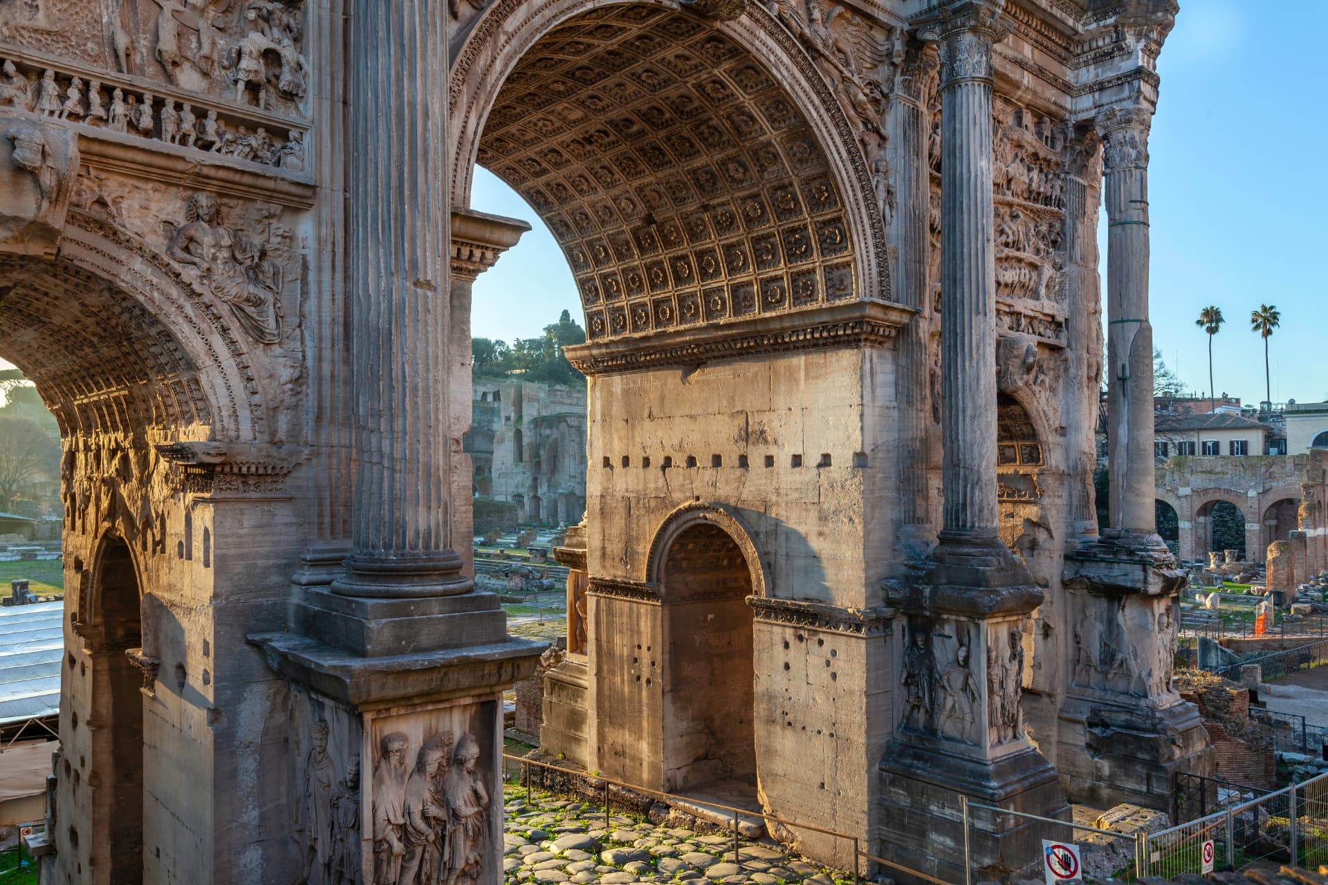 Coffered central vault and carved column bases of the Arch of Septimius Severus