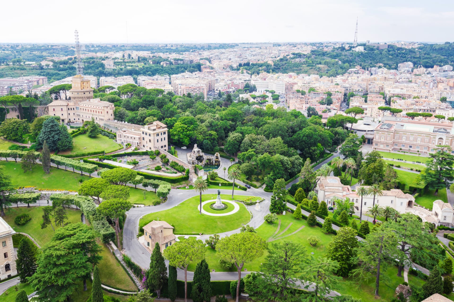 Panoramic view over the Vatican Gardens, Vatican buildings and Rome