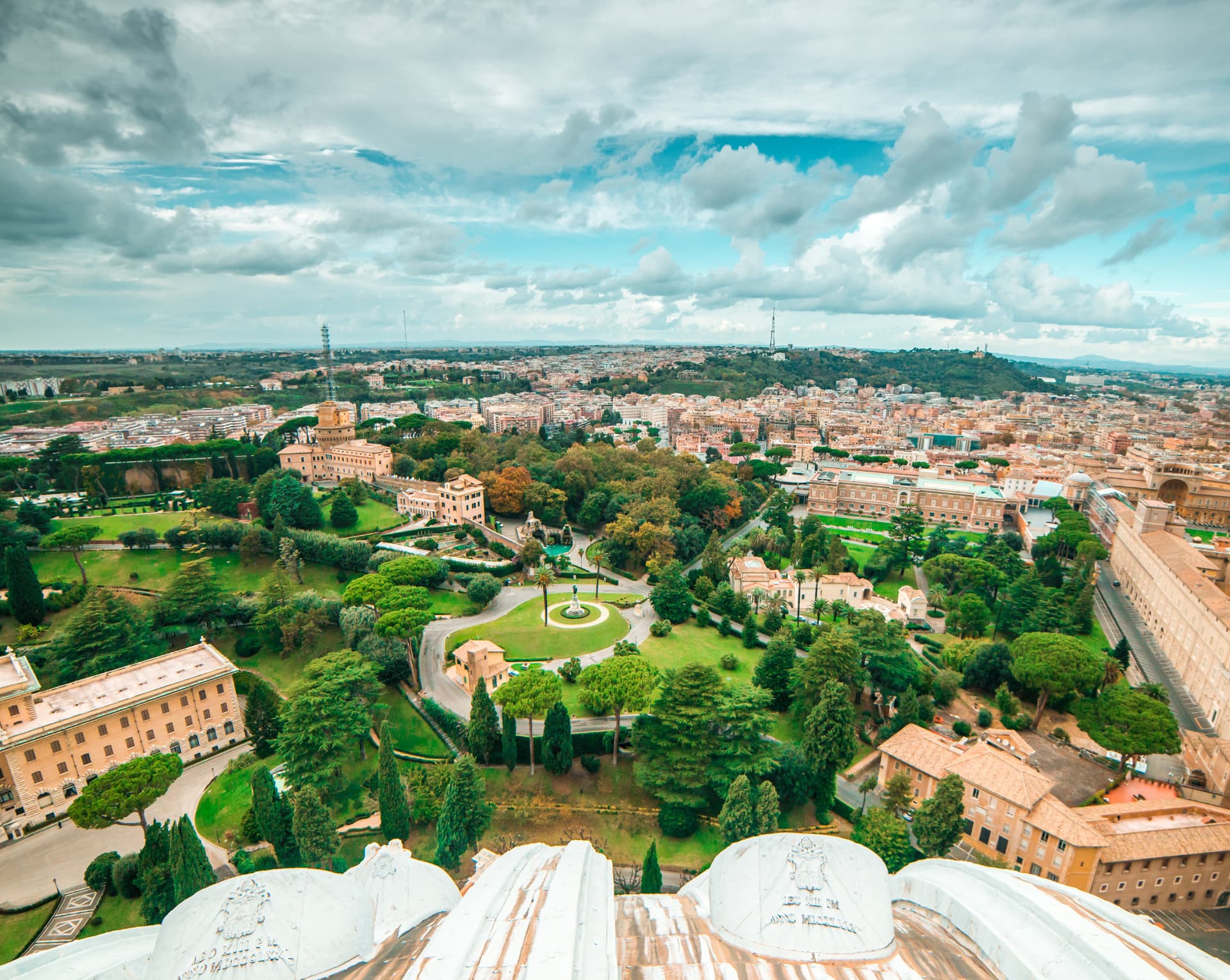 Wide view over the Vatican Gardens from a high vantage point
