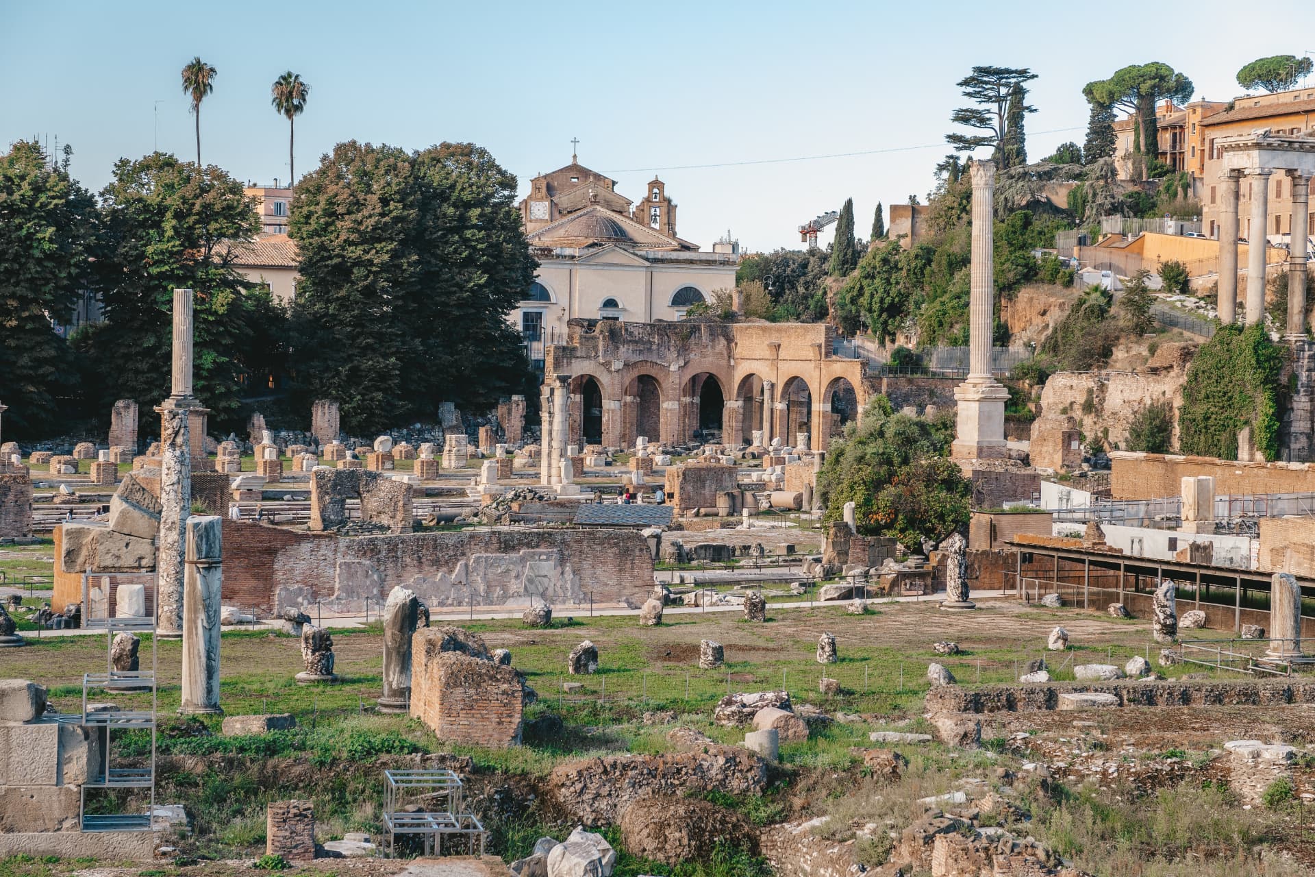Ancient columns in the Roman Forum under a blue sky