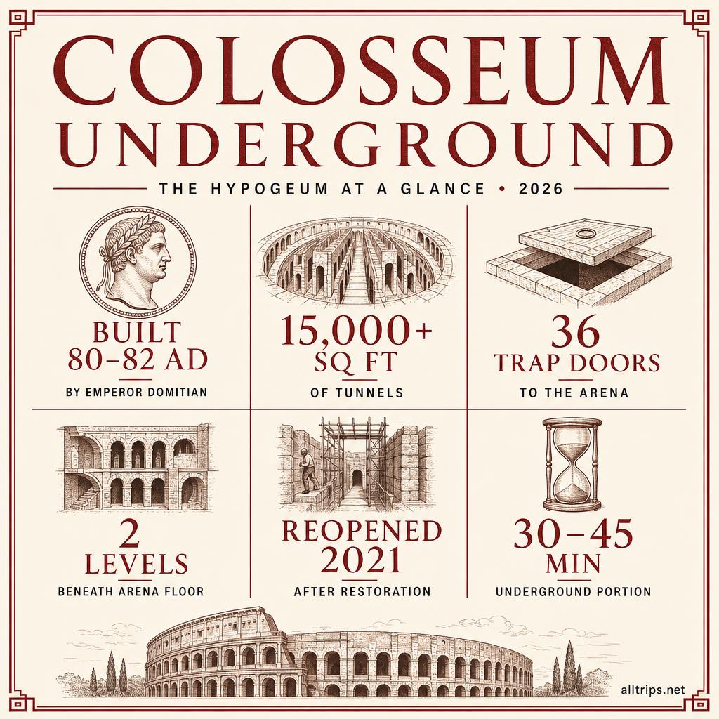 Colosseum Underground (hypogeum) Rome 2026 quick-facts infographic showing masonry hypogeum built under Emperor Domitian, roughly half a hectare of tunnels, trap doors and elevators to the arena, 2 levels beneath the arena floor, reopened 2021 after restoration, and a 30–45 minute underground portion.