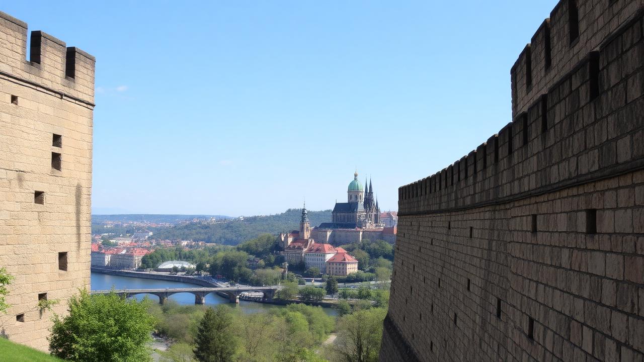 Vyšehrad fortress walls and the neo-Gothic Basilica of St Peter and St Paul overlooking the Vltava River in Prague