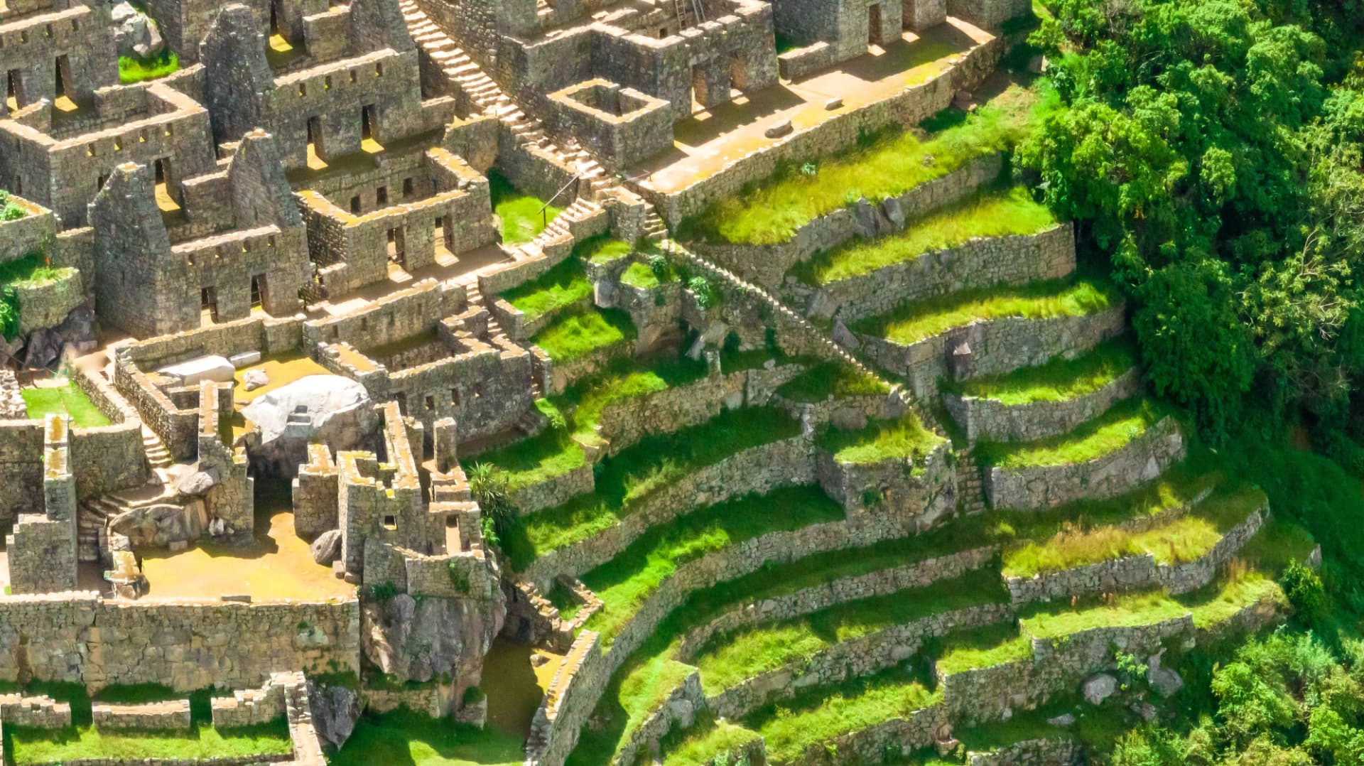 Close-up view of Machu Picchu's stone houses and terraced green lawns