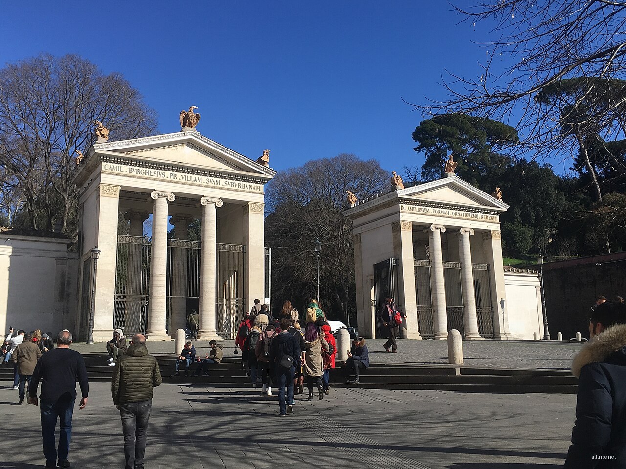 Entrance to Villa Borghese gardens in Rome from Piazzale Flaminio, the green escape for a 5–7 day Rome itinerary