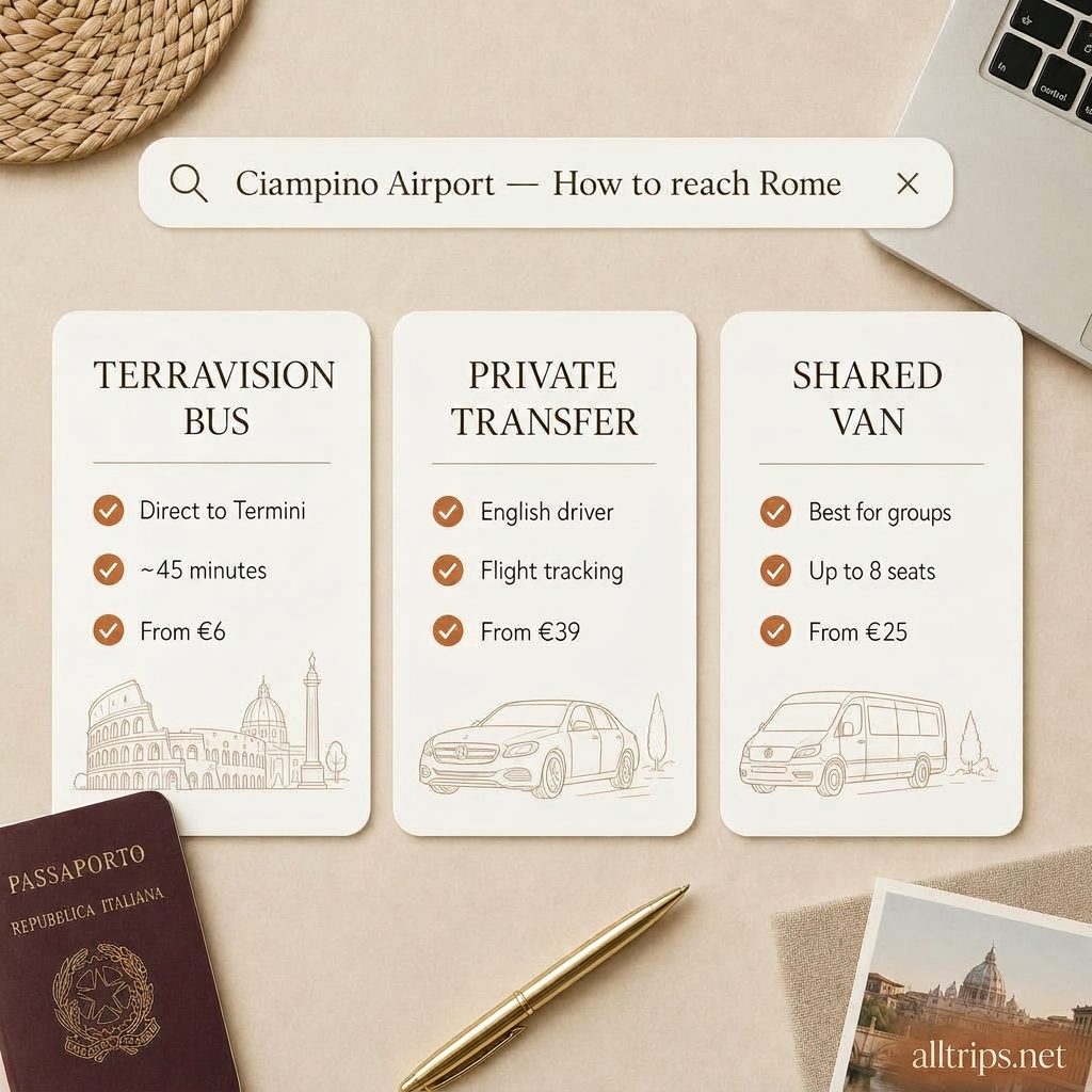 Ciampino Airport transport options at a glance: Terravision bus, private transfer and shared van
