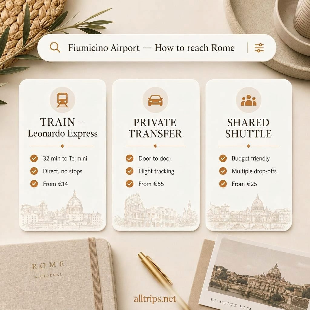 Fiumicino Airport transport options at a glance: Leonardo Express train, private transfer and shared shuttle