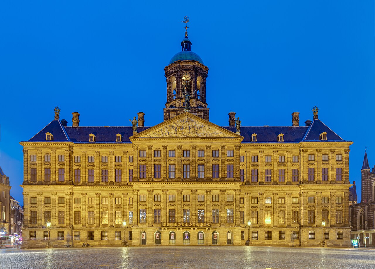 The classical facade of the Royal Palace on Dam Square in Amsterdam