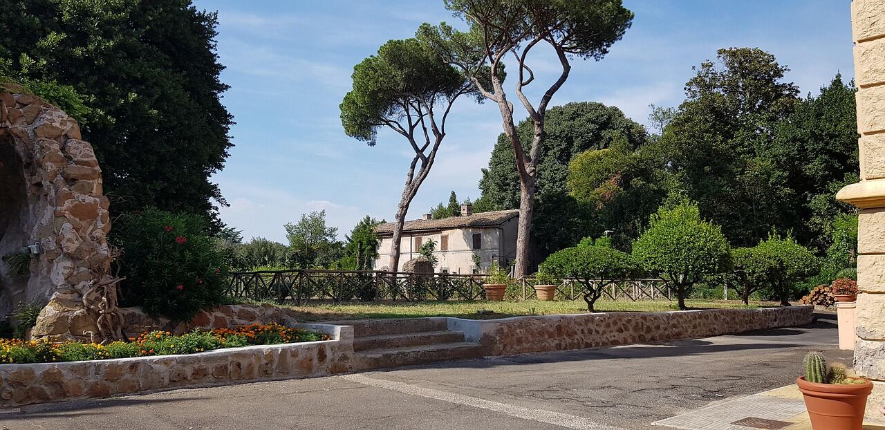 Ancient basalt paving stones of the Appian Way lined with pines