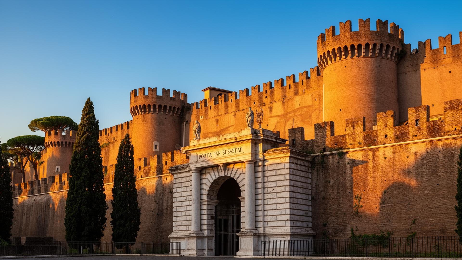Aurelian Walls Rome 2026 — Emperor Aurelian's monumental 3rd-century brick fortifications at golden hour with semi-circular towers, crenellations and the travertine Porta San Sebastiano gateway, framed by Mediterranean cypress trees against a clear blue sky
