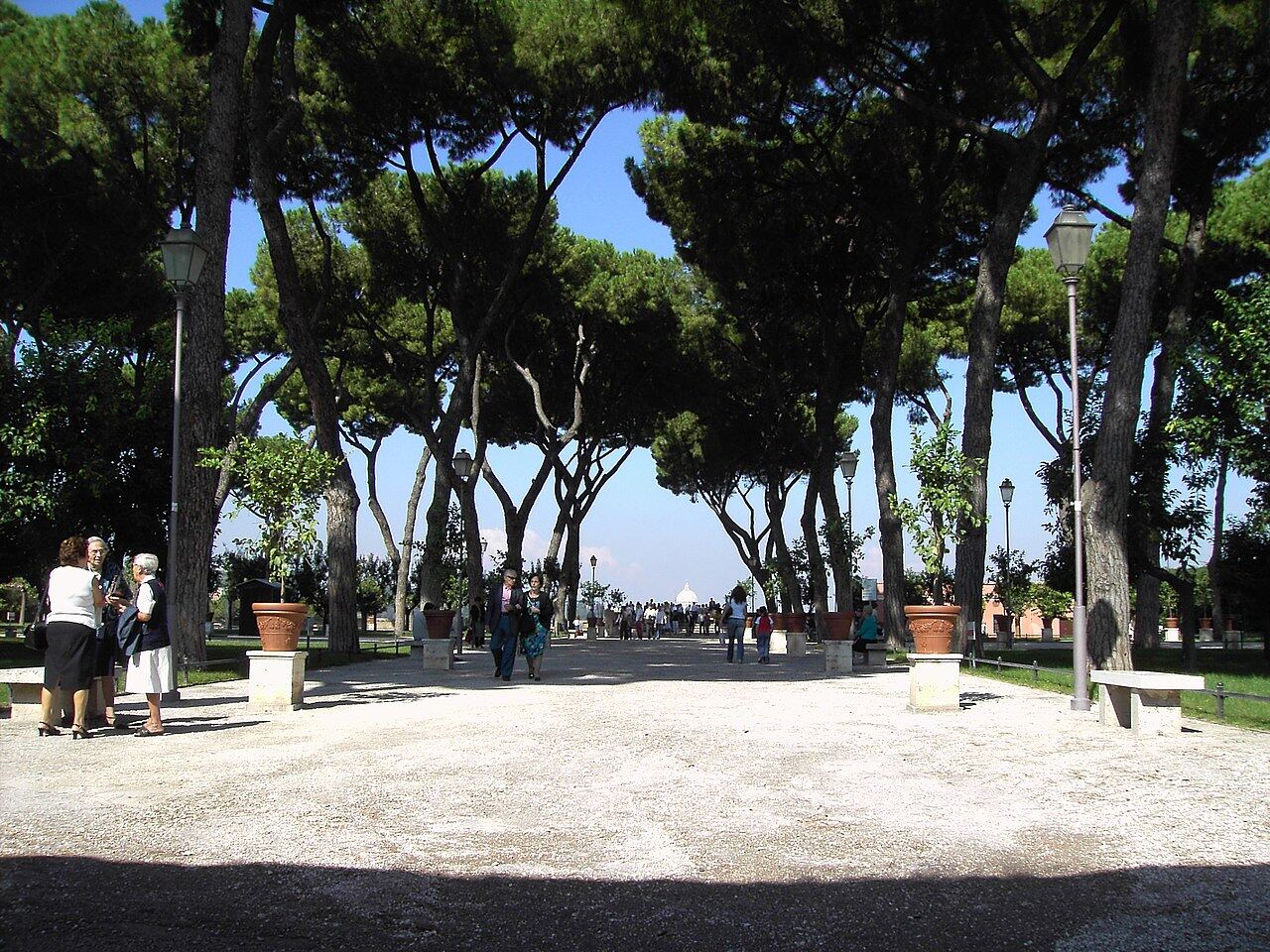 Tree-lined avenue in Rome’s Orange Garden leading towards the panoramic terrace