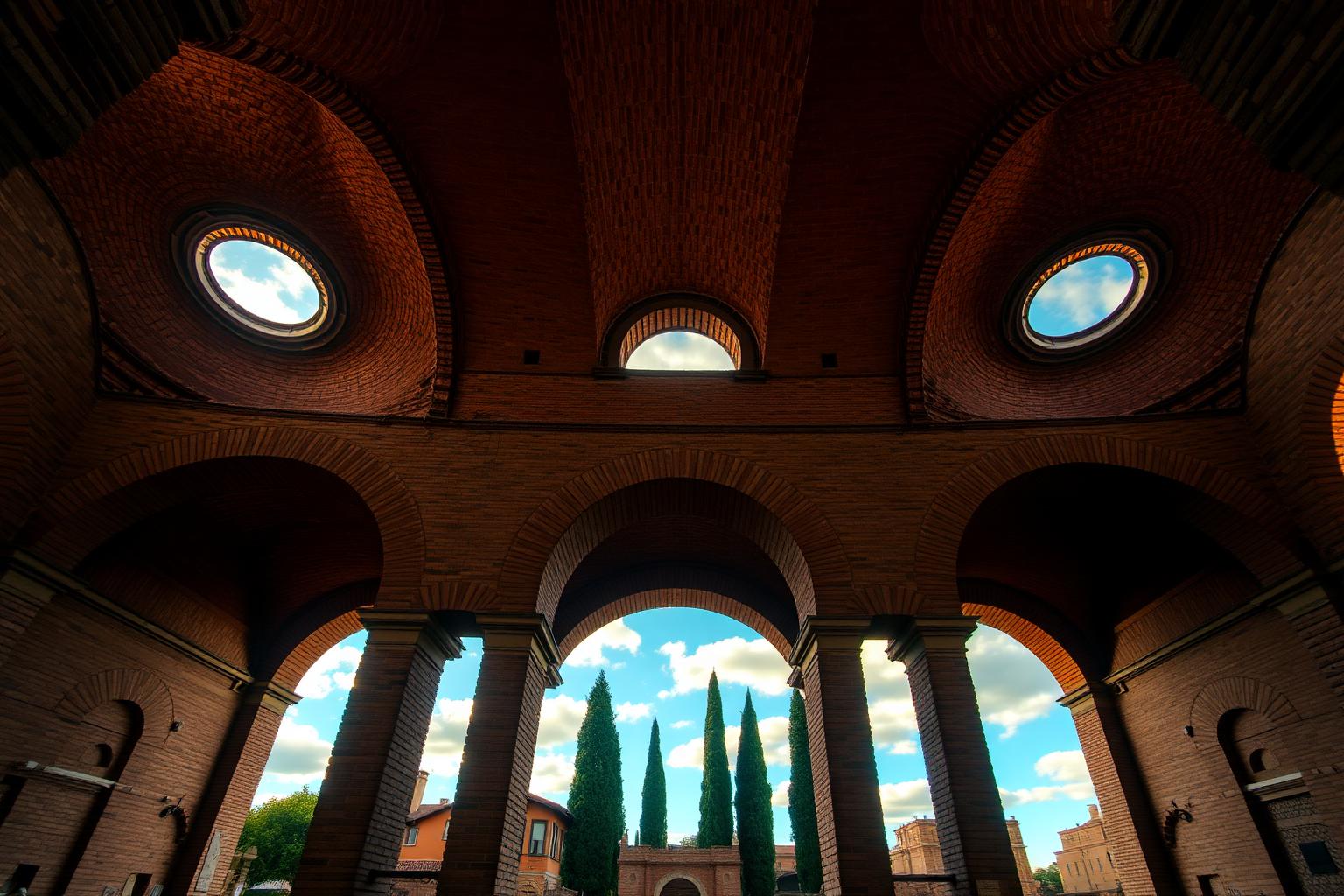 Basilica of Maxentius Rome 2026 — three colossal coffered barrel vaults of the surviving north aisle rising 24.5 metres in the Roman Forum at golden hour, with red brick opus latericium masonry, octagonal coffer pattern overhead and cypress trees of the Velia hill in the background