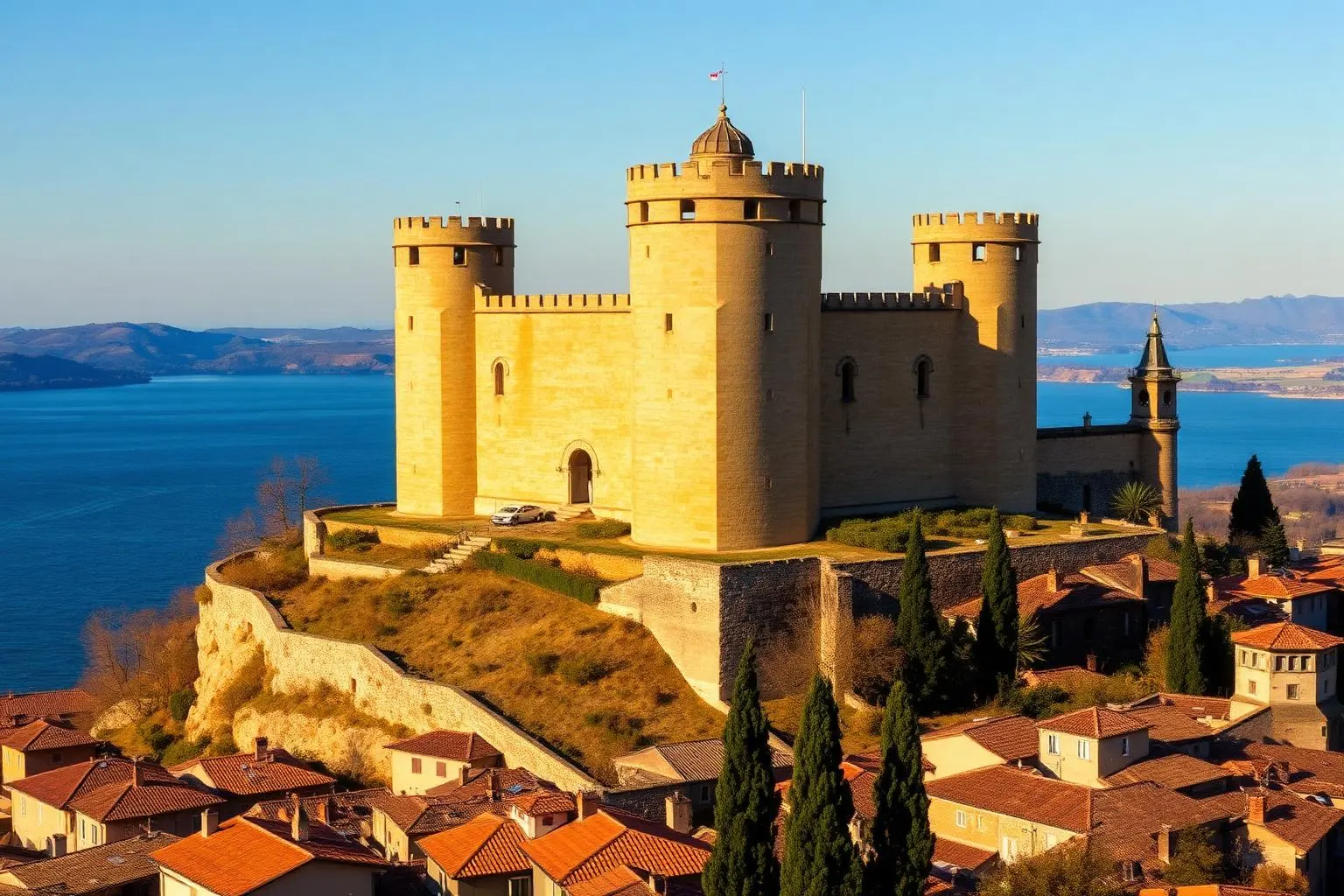 Bracciano Castle 2026 — 15th-century Castello Orsini-Odescalchi pentagonal Renaissance fortress with five massive round crenellated towers in honey-coloured stone, perched on a hilltop above the deep blue volcanic Lake Bracciano in Lazio Italy, surrounded by terracotta-roofed medieval town and cypress trees in golden afternoon light