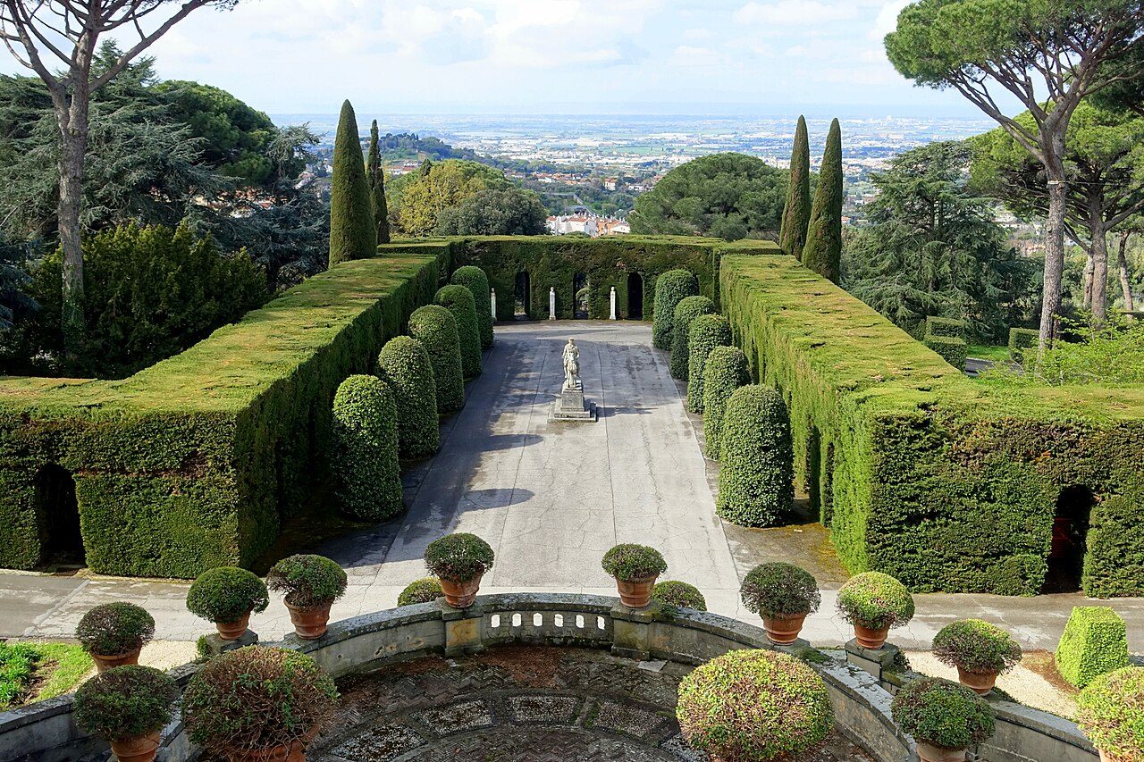 Barberini Gardens at Castel Gandolfo with manicured hedges, cypress trees, and panoramic view over the Roman countryside