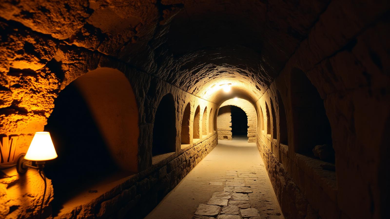 The Catacombs of San Pancrazio in Rome — atmospheric tufa rock corridors beneath the Janiculum Hill basilica, traditionally associated with the martyr Saint Pancras