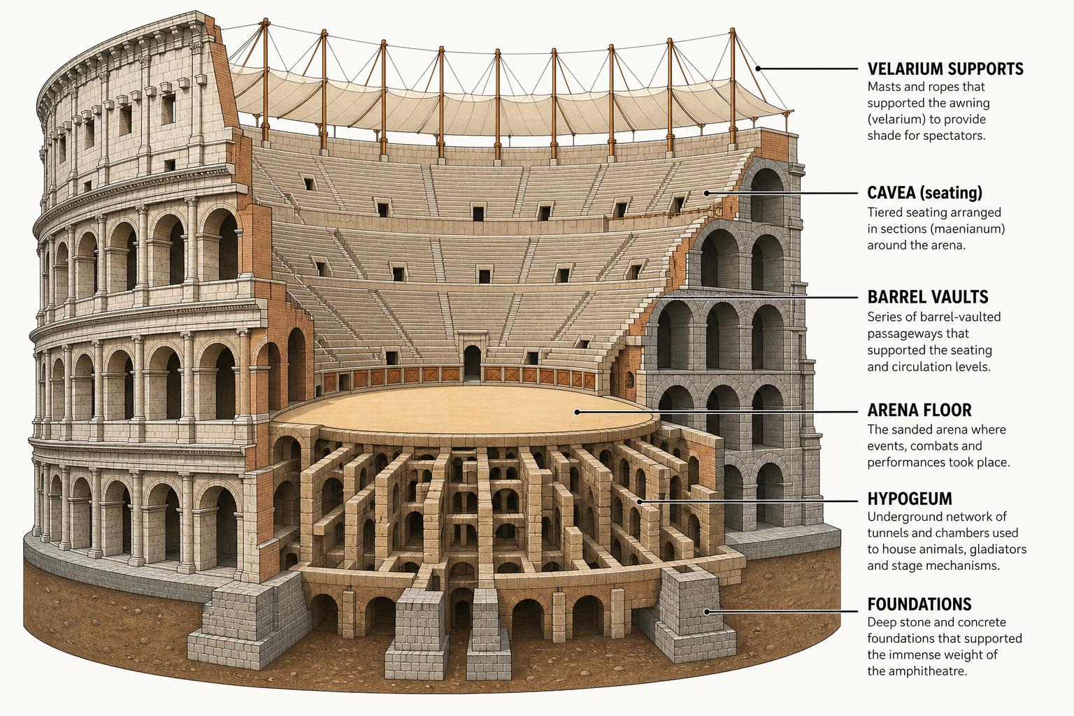 Labelled cross-section diagram of the Colosseum showing the cavea seating, barrel vaults, arena floor, hypogeum, foundations and velarium supports