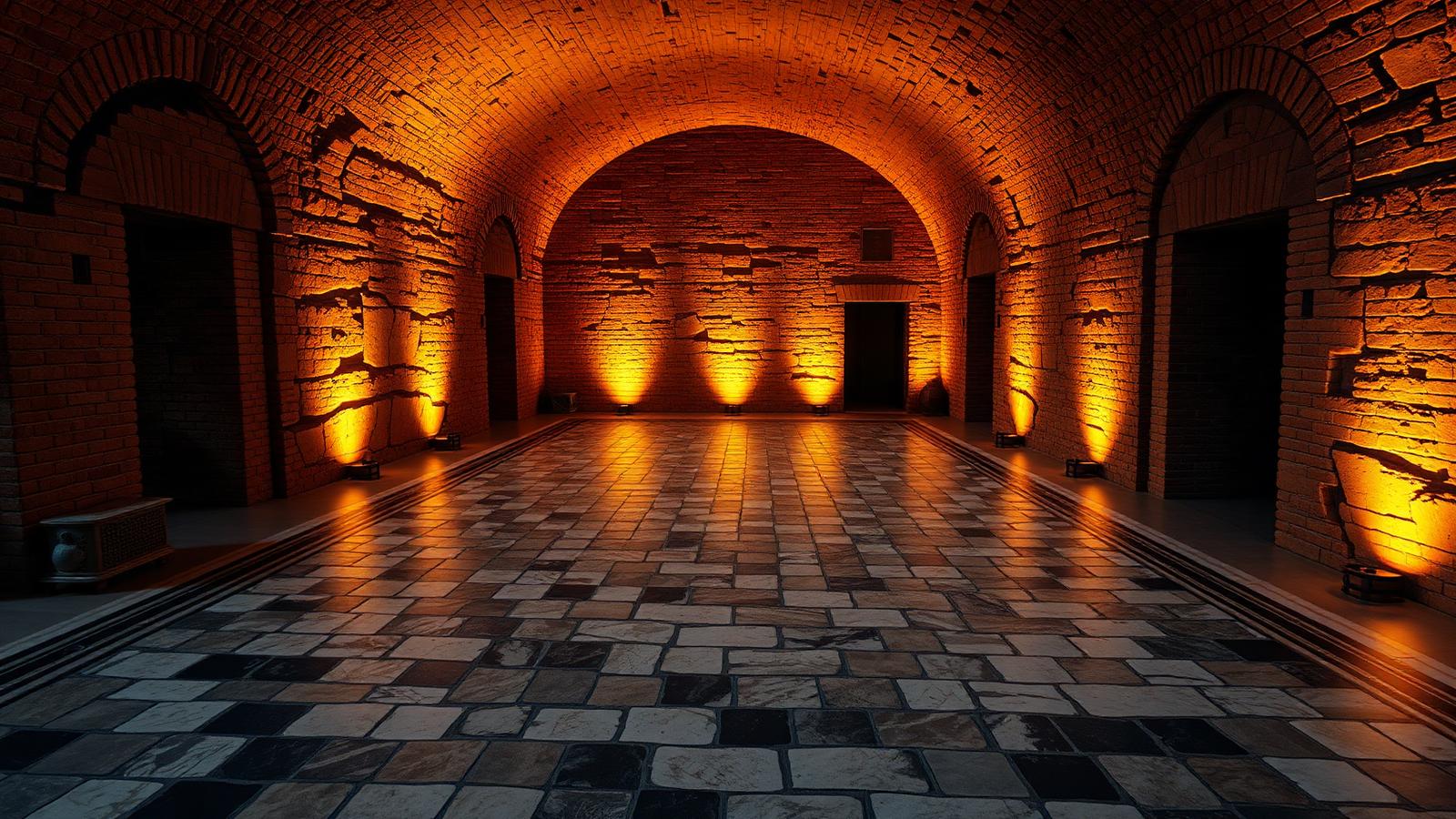 Domus Romane at Palazzo Valentini Rome 2026 — vaulted underground chamber with original mosaic floors of an aristocratic 2nd–4th century AD Roman house, illuminated by warm amber multimedia light projections that digitally rebuild the ruined walls and frescoes designed by Piero Angela and Paco Lanciano, beneath the 16th-century Renaissance palazzo behind Trajan's Column