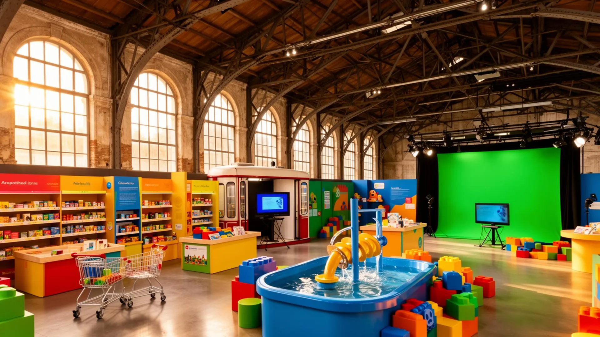 Explora Children's Museum Rome 2026 — colourful interactive exhibits inside a restored 1880s tram depot with iron trusses and arched windows: mini supermarket, water-play table and TV studio green screen