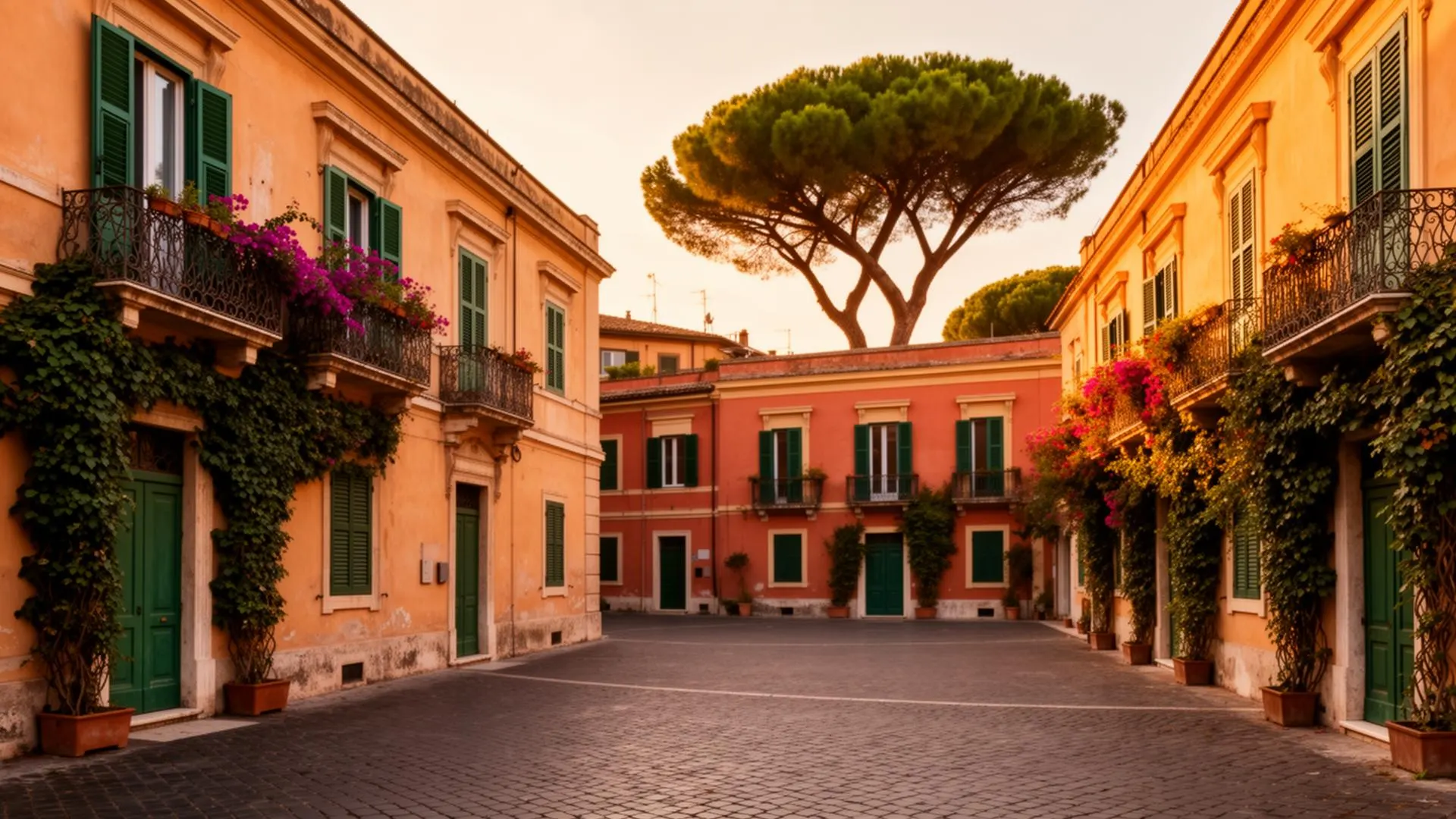 Garbatella Rome 2026 — a quiet 1920s garden-city piazza at golden hour with terracotta and ochre lotti, green shutters, bougainvillea balconies and an umbrella pine framing the skyline
