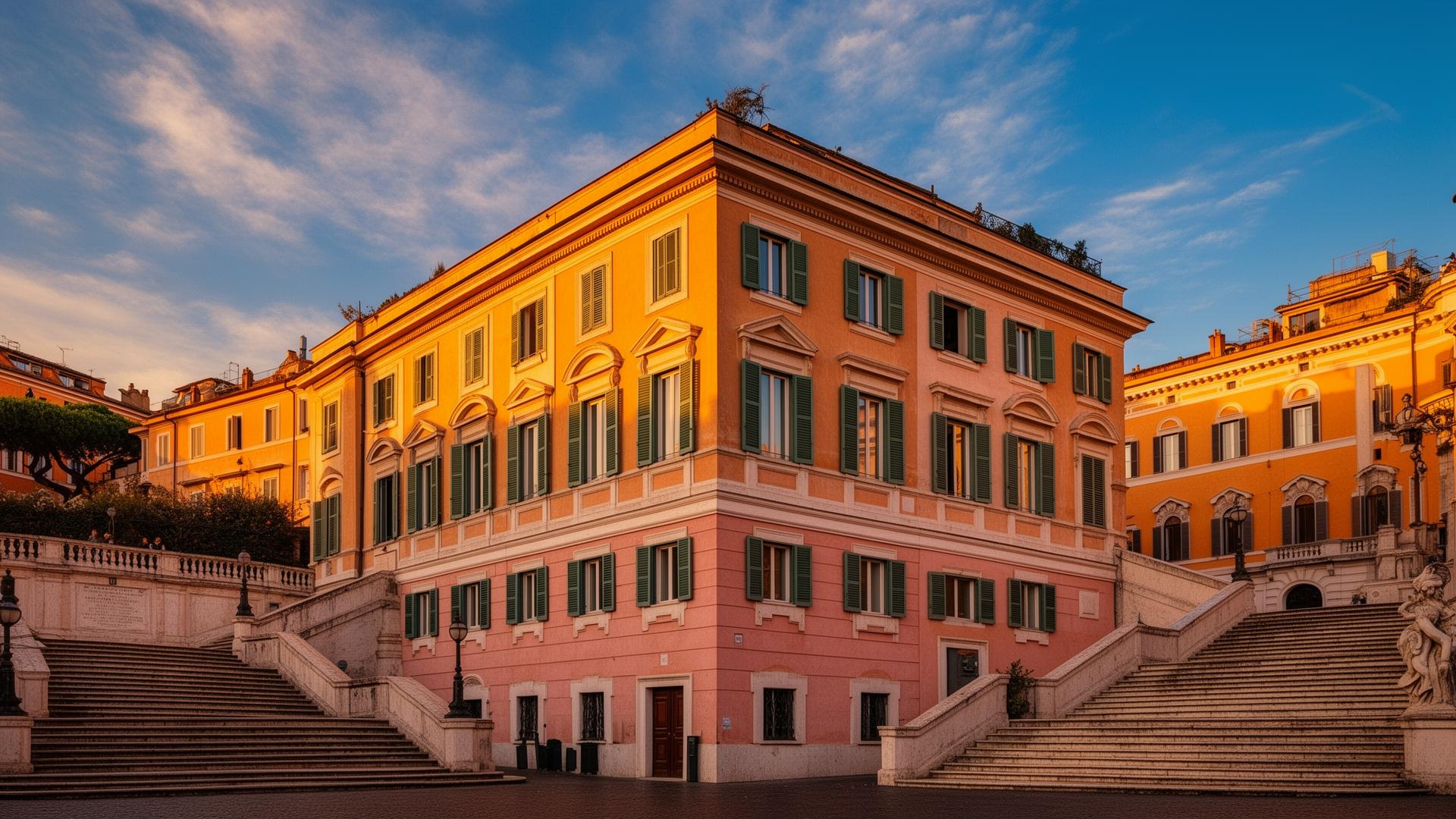 Keats-Shelley House at the foot of the Spanish Steps in Rome 2026 — the salmon-pink and ochre 18th-century palazzo with green shutters where John Keats died in 1821, golden-hour Roman light