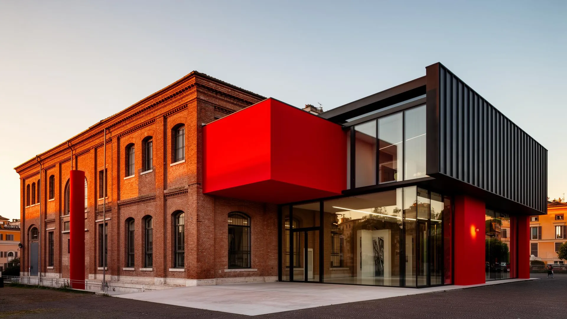 MACRO Museum Rome 2026 — Odile Decq's striking 2010 extension with cantilevered blood-red volume and black steel-and-glass façade fused into the original 19th-century red-brick Peroni beer factory on Via Nizza, golden Roman late-afternoon light