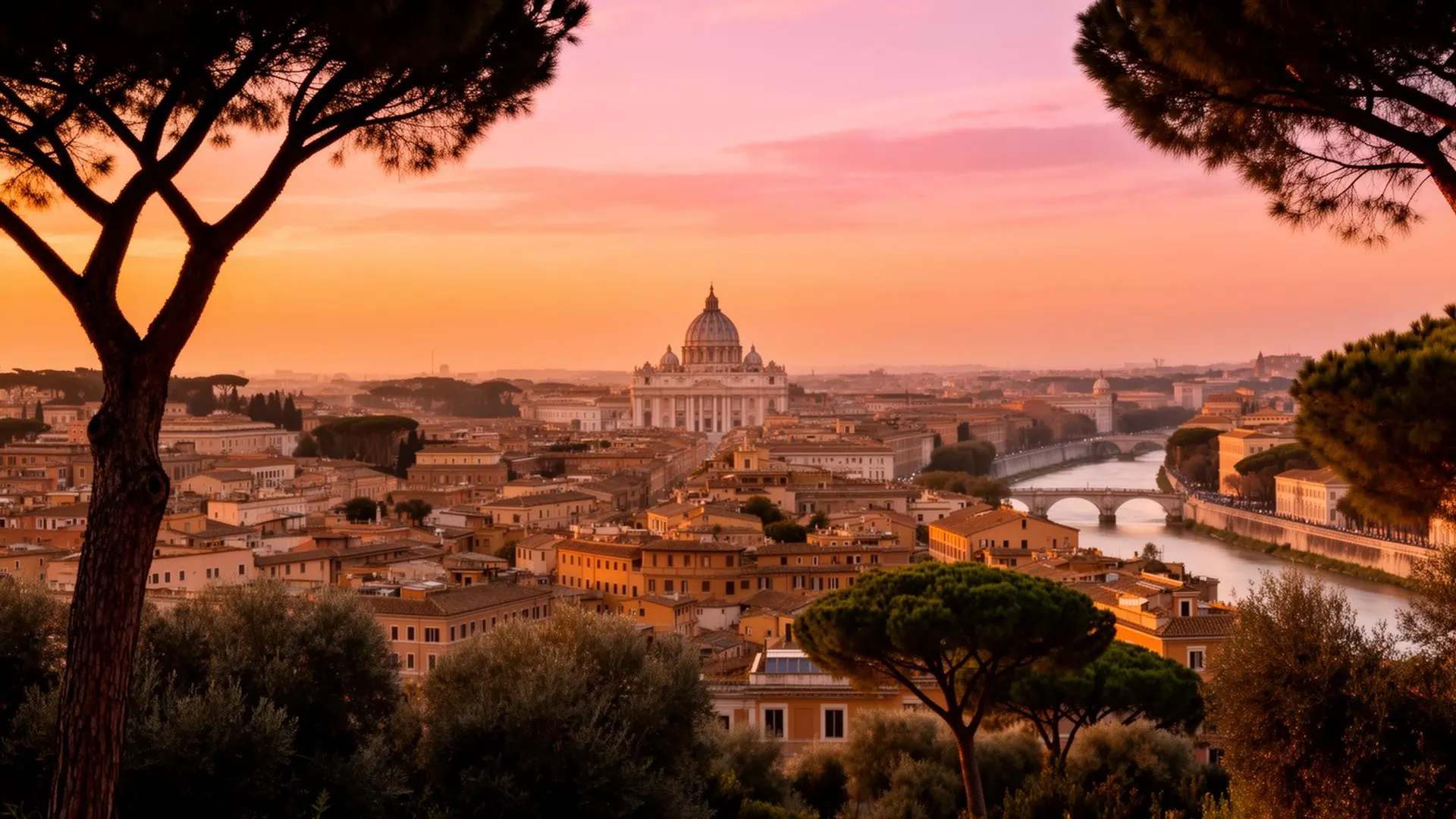 Sunset view of Rome from Monte Mario in 2026 — the dome of St. Peter's Basilica framed between umbrella pines, with the Tiber river and the city's terracotta rooftops glowing in golden-hour light