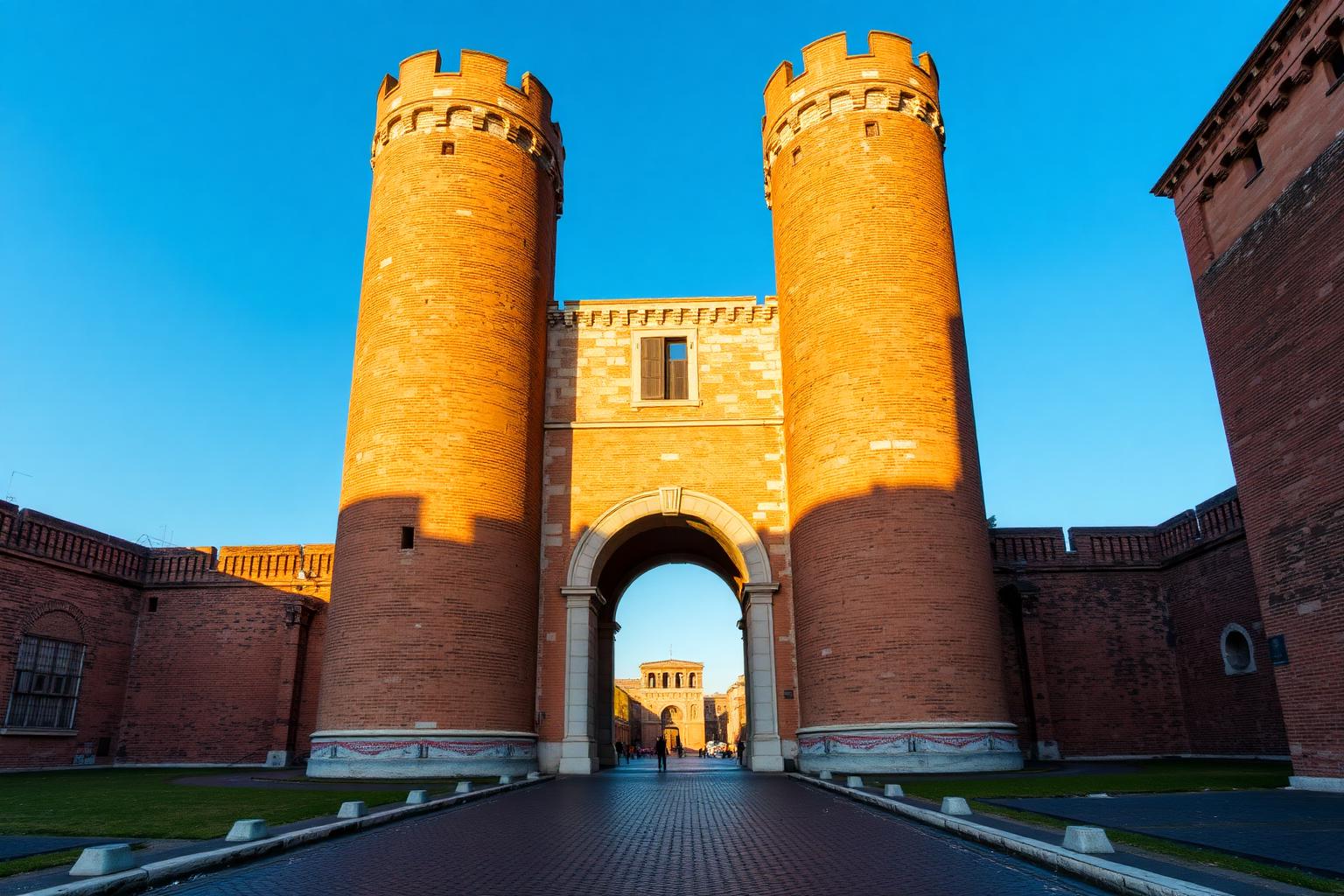 Museo delle Mura in Rome 2026 — interior view of the Porta San Sebastiano, one of the best-preserved gates of the Aurelian Walls, with two cylindrical brick-and-travertine towers, crenellated battlements, central arched gateway and the start of the Appian Way visible through the arch
