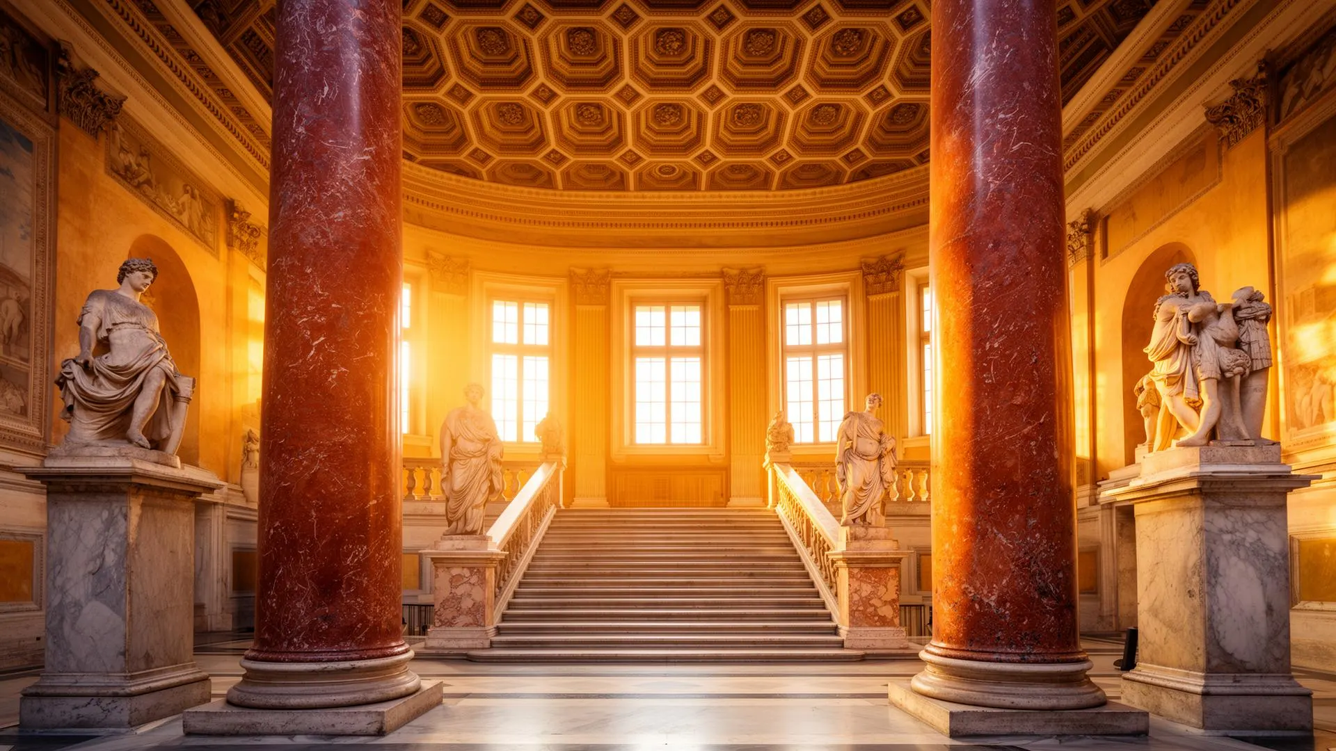 Monumental Neoclassical staircase of Palazzo Braschi in Rome 2026, two enormous red Egyptian granite columns from Emperor Caligula's villa at Anzio flanking the marble landing under a coffered ceiling, golden-hour light, home of the Museum of Rome (Museo di Roma) on Piazza Navona