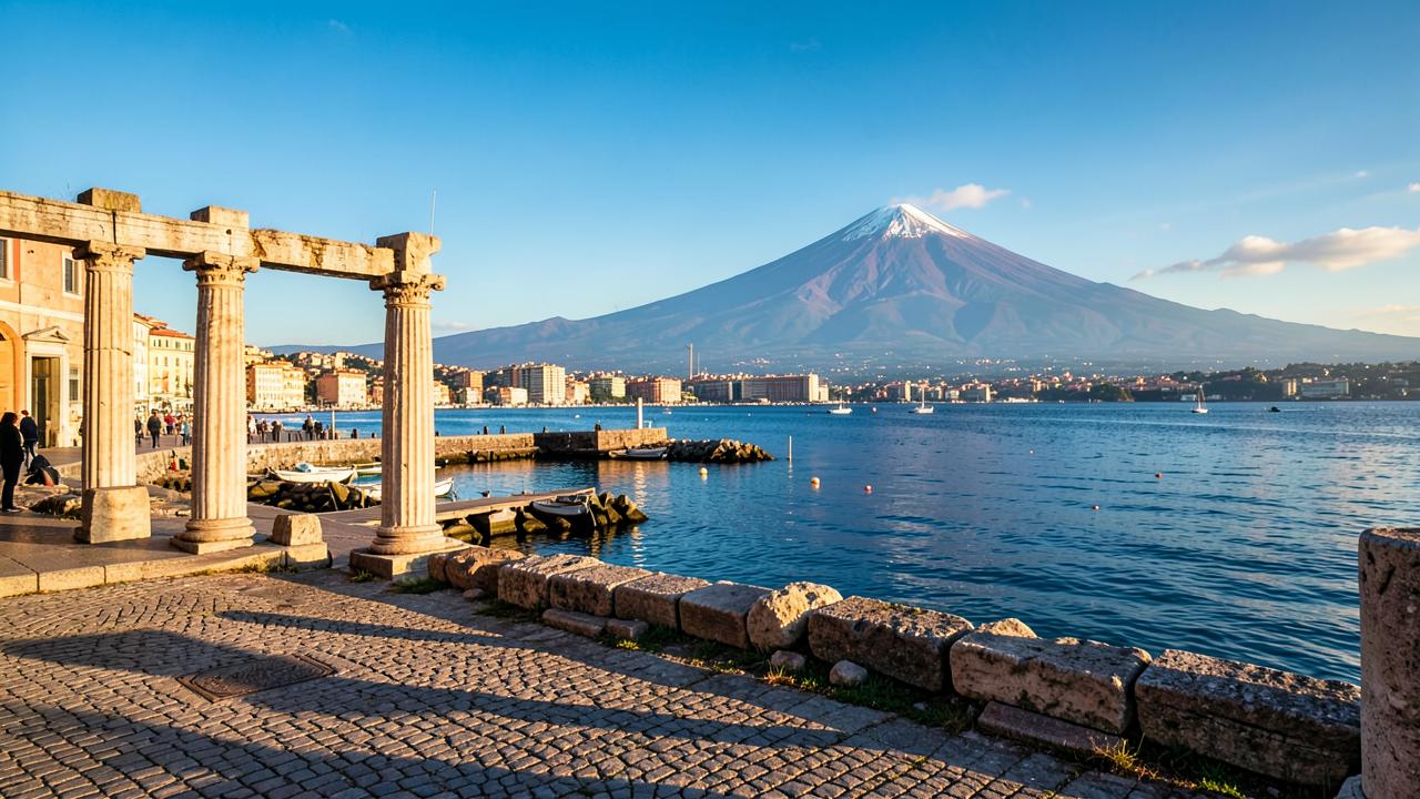 The Bay of Naples with Vesuvius behind it, seen from the waterfront where the Capri ferries depart