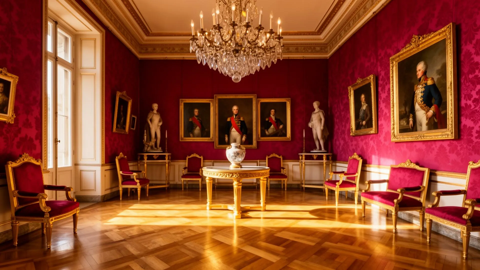Crimson damask salon of the Napoleonic Museum in Palazzo Primoli, Rome 2026 — Empire-style gilded furniture, Bonaparte family portraits in gold frames, crystal chandelier and golden afternoon light, free city museum near Piazza Navona
