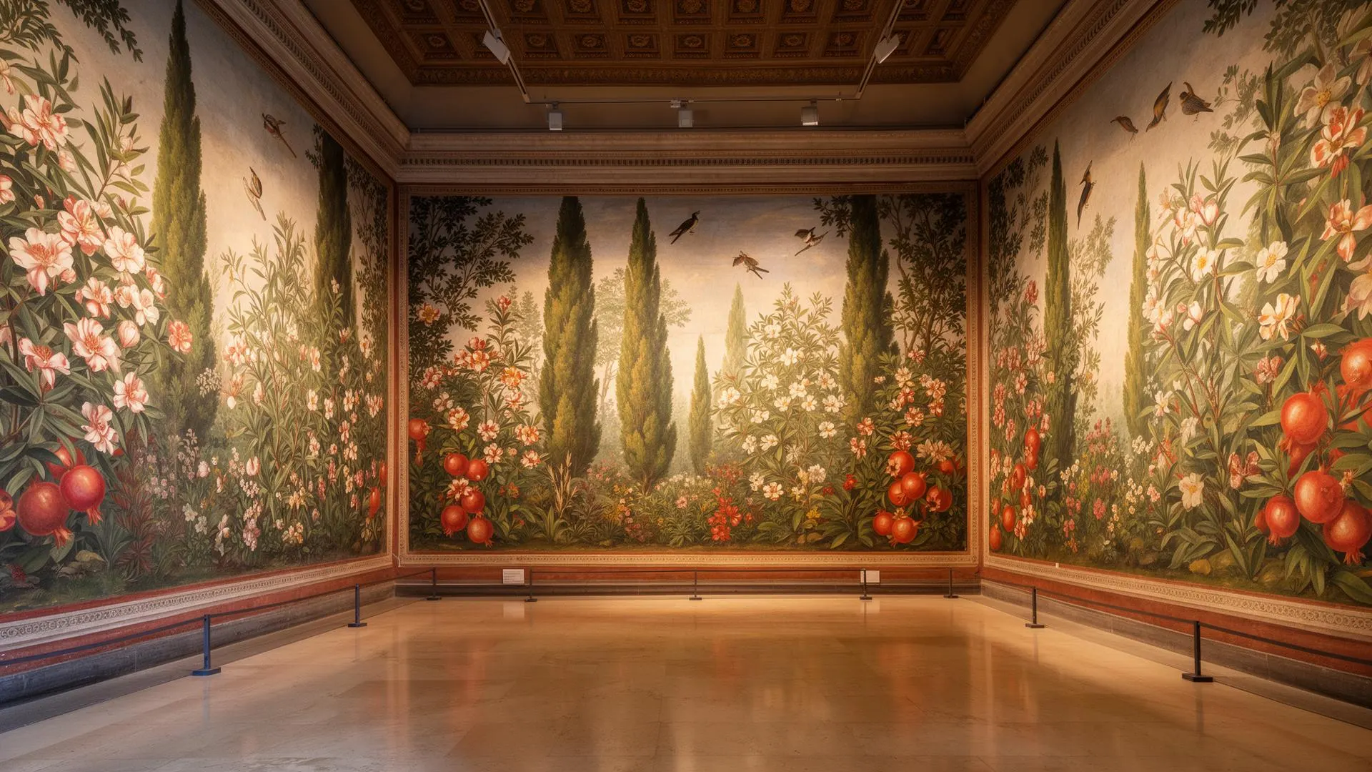 Garden Room from the Villa of Livia displayed at Palazzo Massimo alle Terme in Rome 2026 — continuous painted garden with cypresses, pomegranates, oleanders and birds, the masterpiece of Roman fresco painting