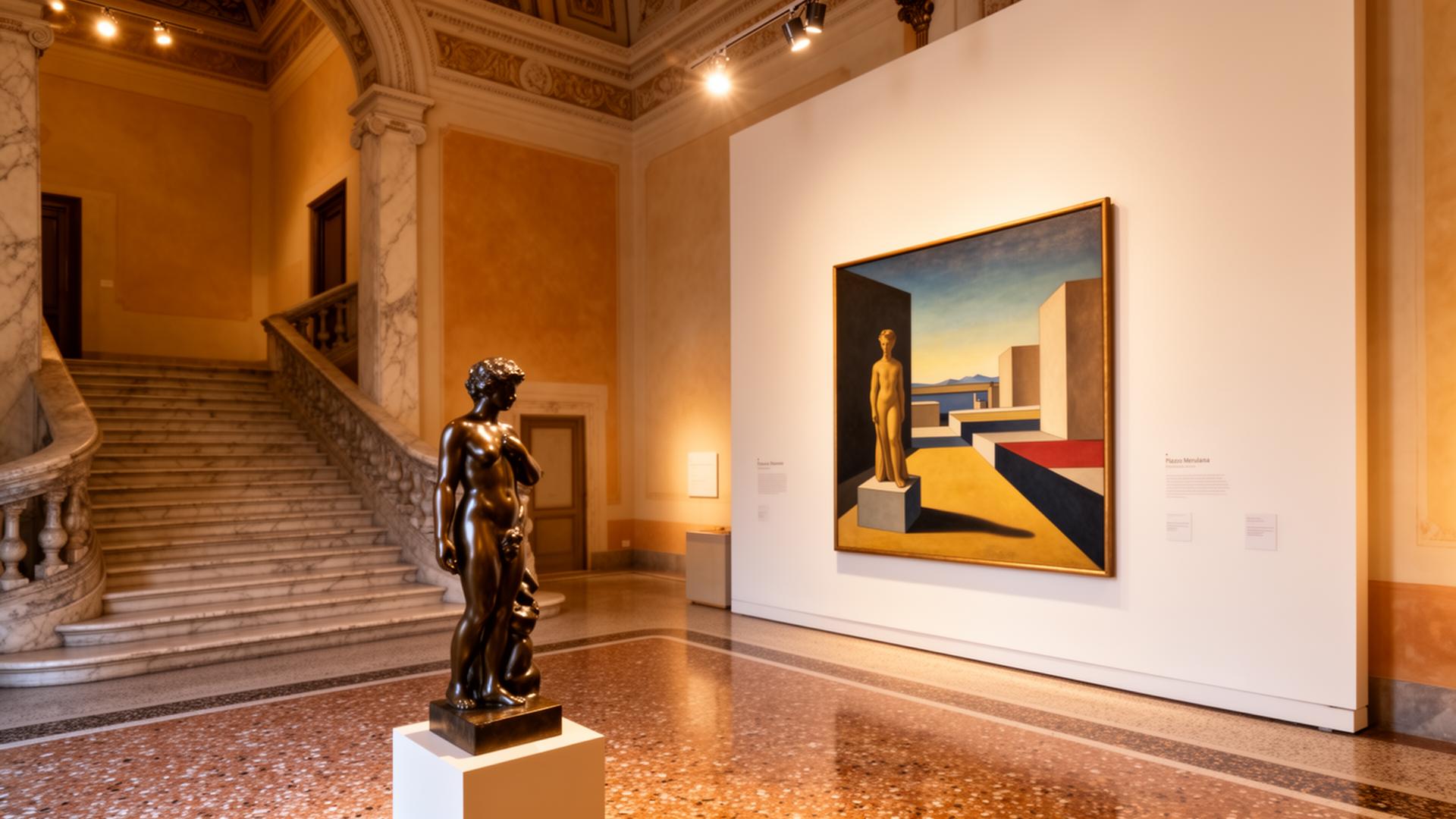 Palazzo Merulana Rome 2026 — restored 1929 Umbertine interior with marble staircase, terrazzo floors and a metaphysical-style 20th-century painting on display in the Cerasi Collection, golden museum lighting