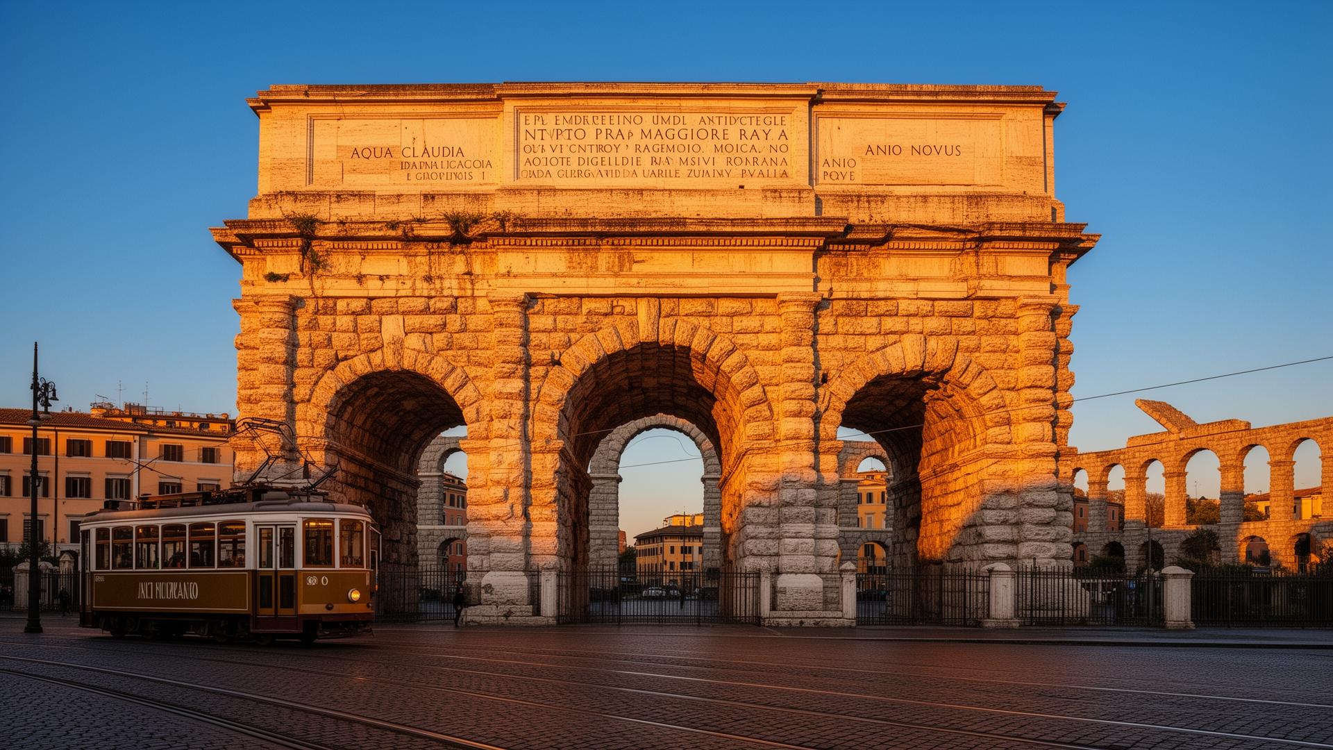 Porta Maggiore Rome 2026 — Emperor Claudius's monumental 1st-century AD travertine double archway carrying the Aqua Claudia and Anio Novus aqueducts, at golden hour with rusticated stonework, Latin inscriptions on the attic and aqueduct channels above, with a vintage tram passing on Piazzale Labicano