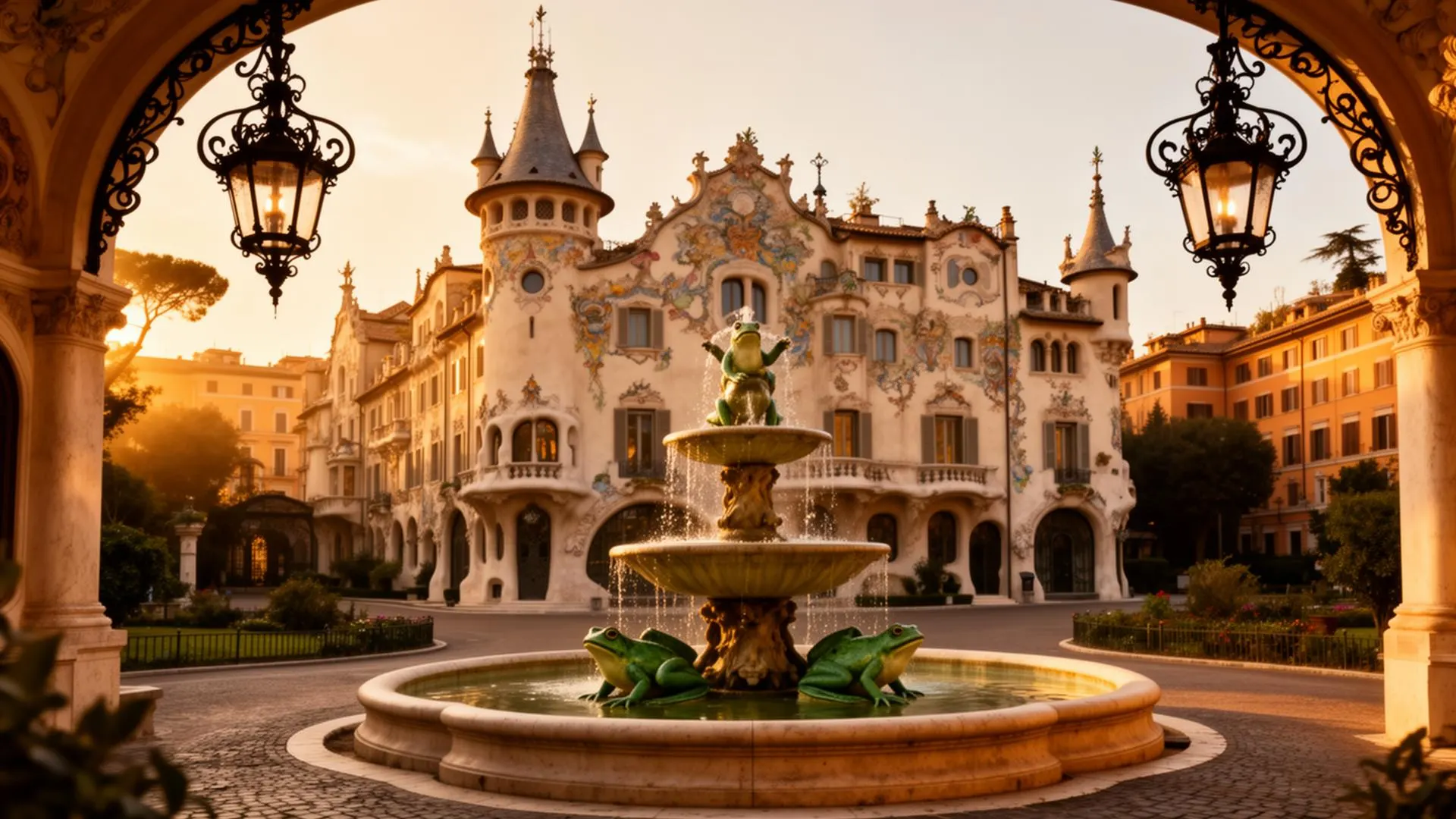 Quartiere Coppedè Rome 2026 — the Fontana delle Rane in Piazza Mincio at golden hour with ornate Art Nouveau Liberty palazzi, fairy-tale turrets and the wrought-iron chandelier arch behind