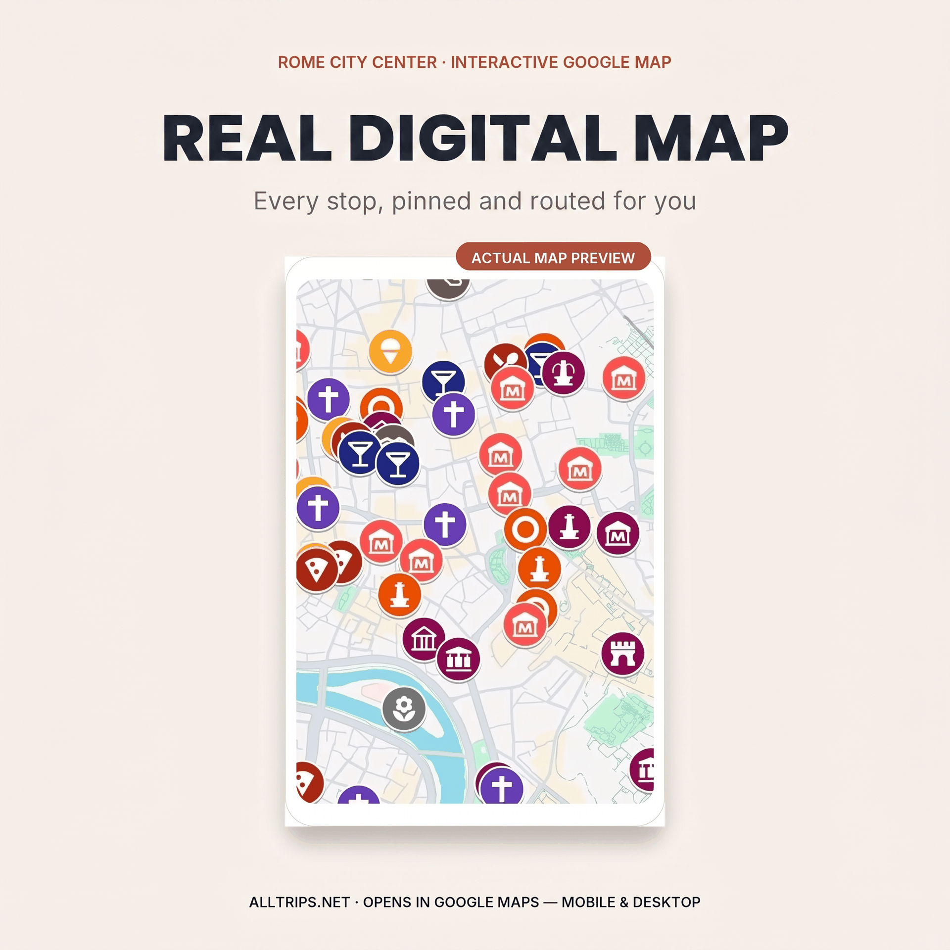 Example of the Rome digital Google Map with 30+ pinned attractions across the city center