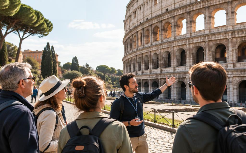A local guide showing a small tour group the Colosseum