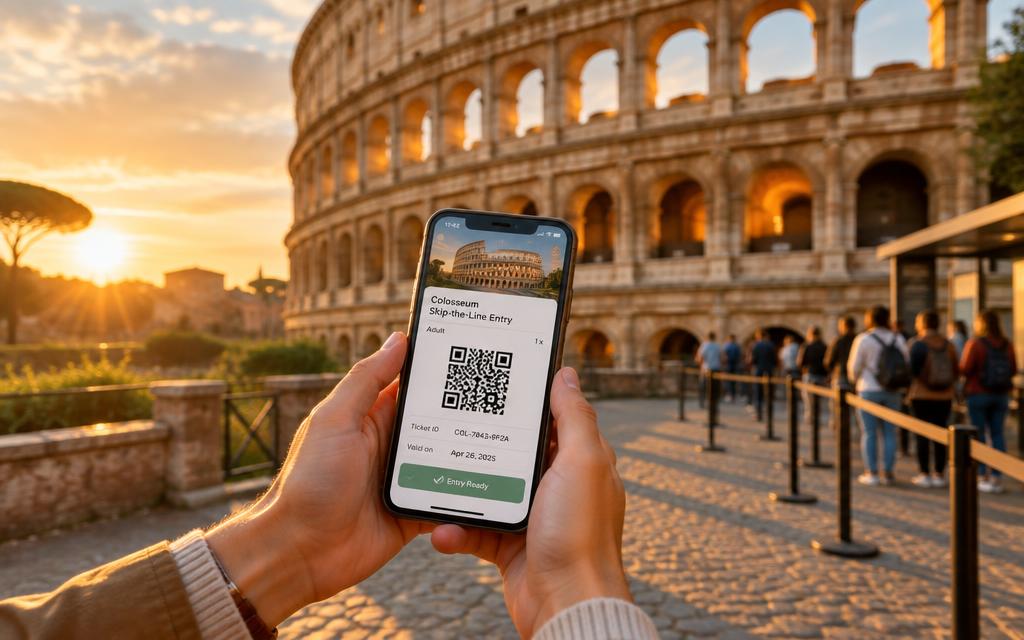 Traveler showing a mobile Colosseum ticket on a phone outside the Colosseum