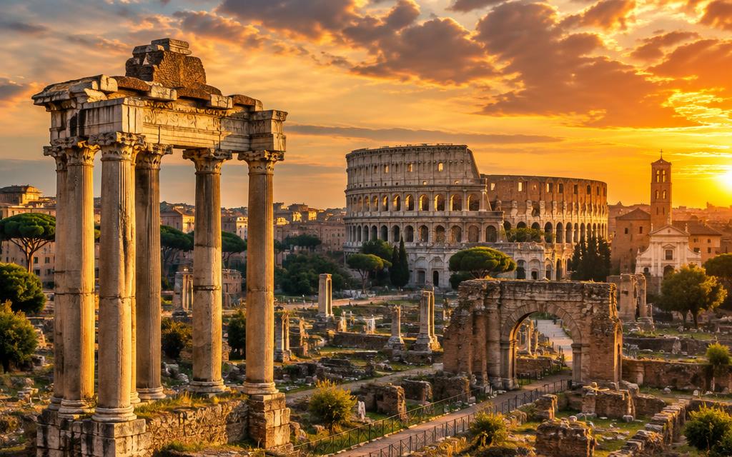 The Roman Forum ruins with the Colosseum behind at sunset
