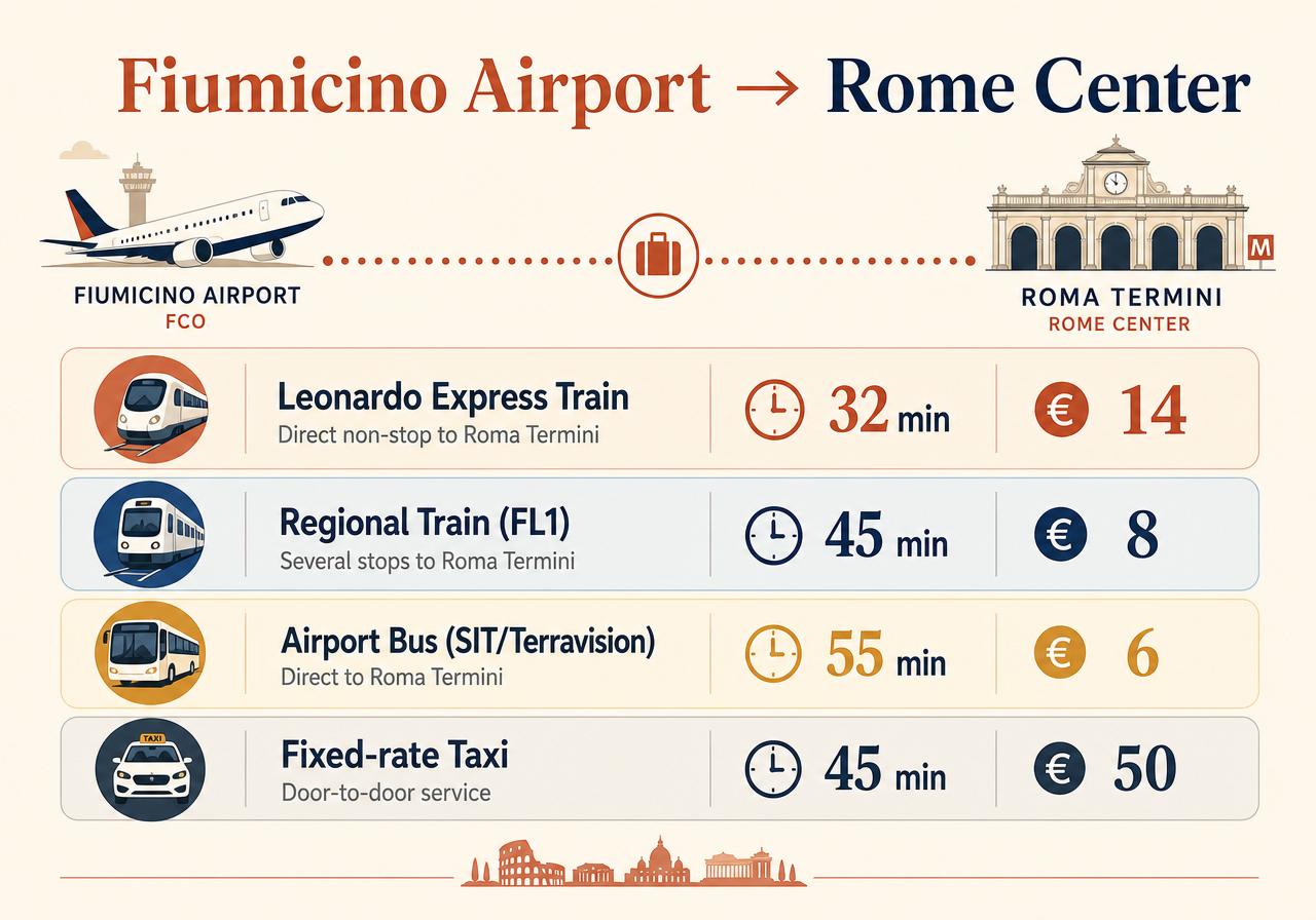 Fiumicino Airport to Rome centre — Leonardo Express train 32 min €14, FL1 regional train 45 min €8, airport bus 55 min €6, official fixed-rate taxi €55 within Aurelian Walls