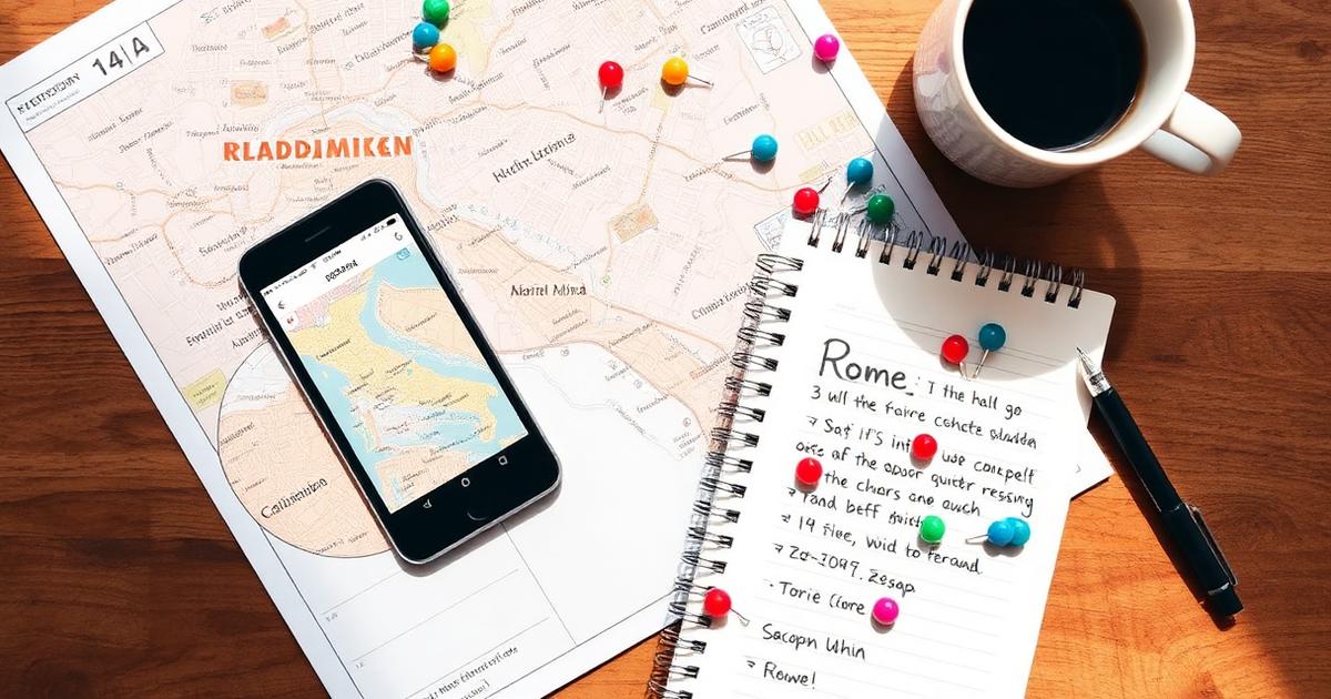 Planning a Rome trip quickly with a map, notebook and smartphone on a table