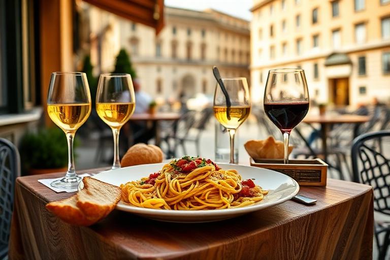 A relaxed lunch table with pasta and wine on a Rome terrace