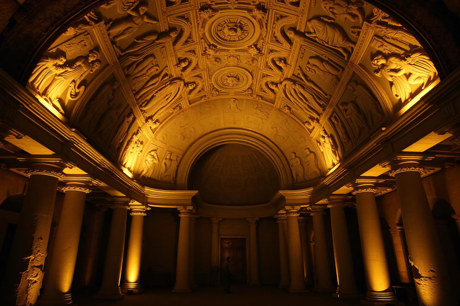 Underground Basilica of Porta Maggiore in Rome 2026 — 1st-century AD subterranean sanctuary with white stucco mythological reliefs covering the vaulted ceiling and three travertine-columned naves