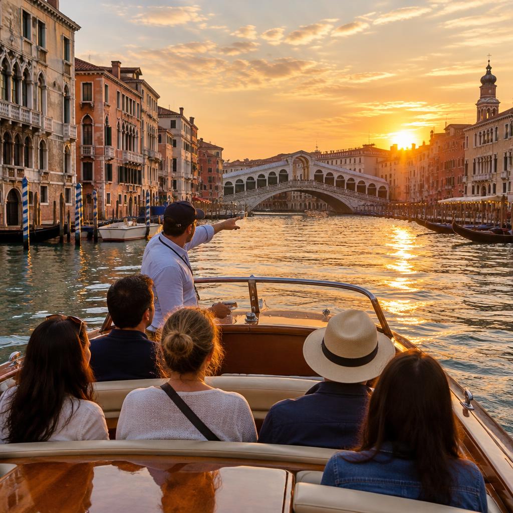 Un petit bateau guidé traversant le Grand Canal au coucher du soleil avec le pont du Rialto en perspective
