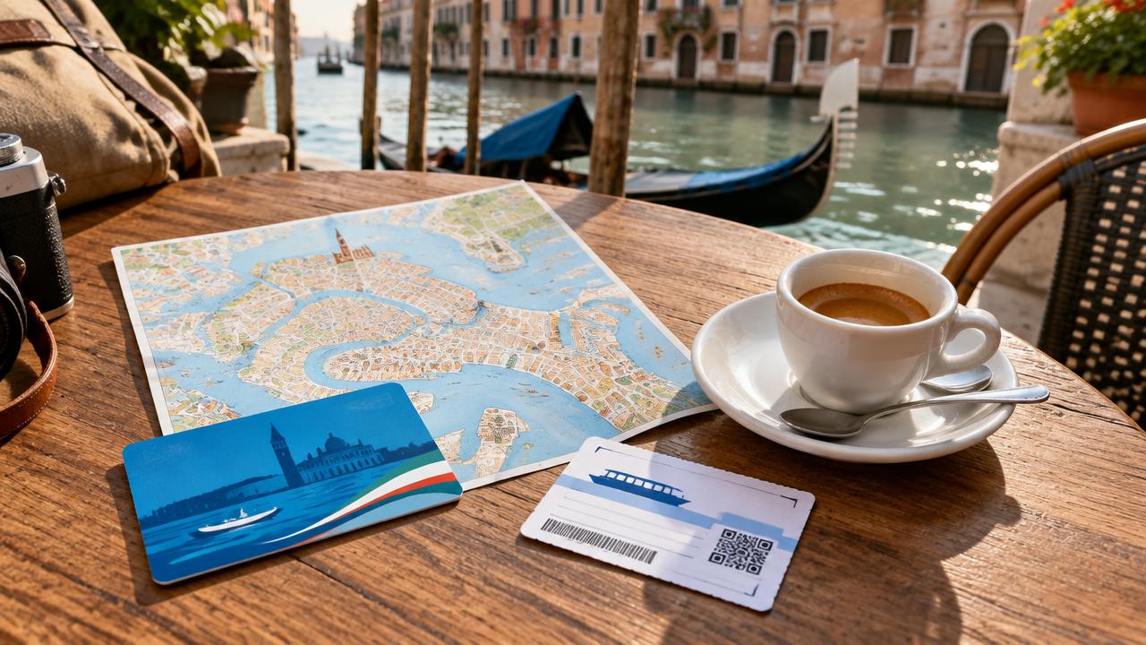 Une carte pass Venise, un plan et un billet de vaporetto sur la table d'un café au bord d'un canal